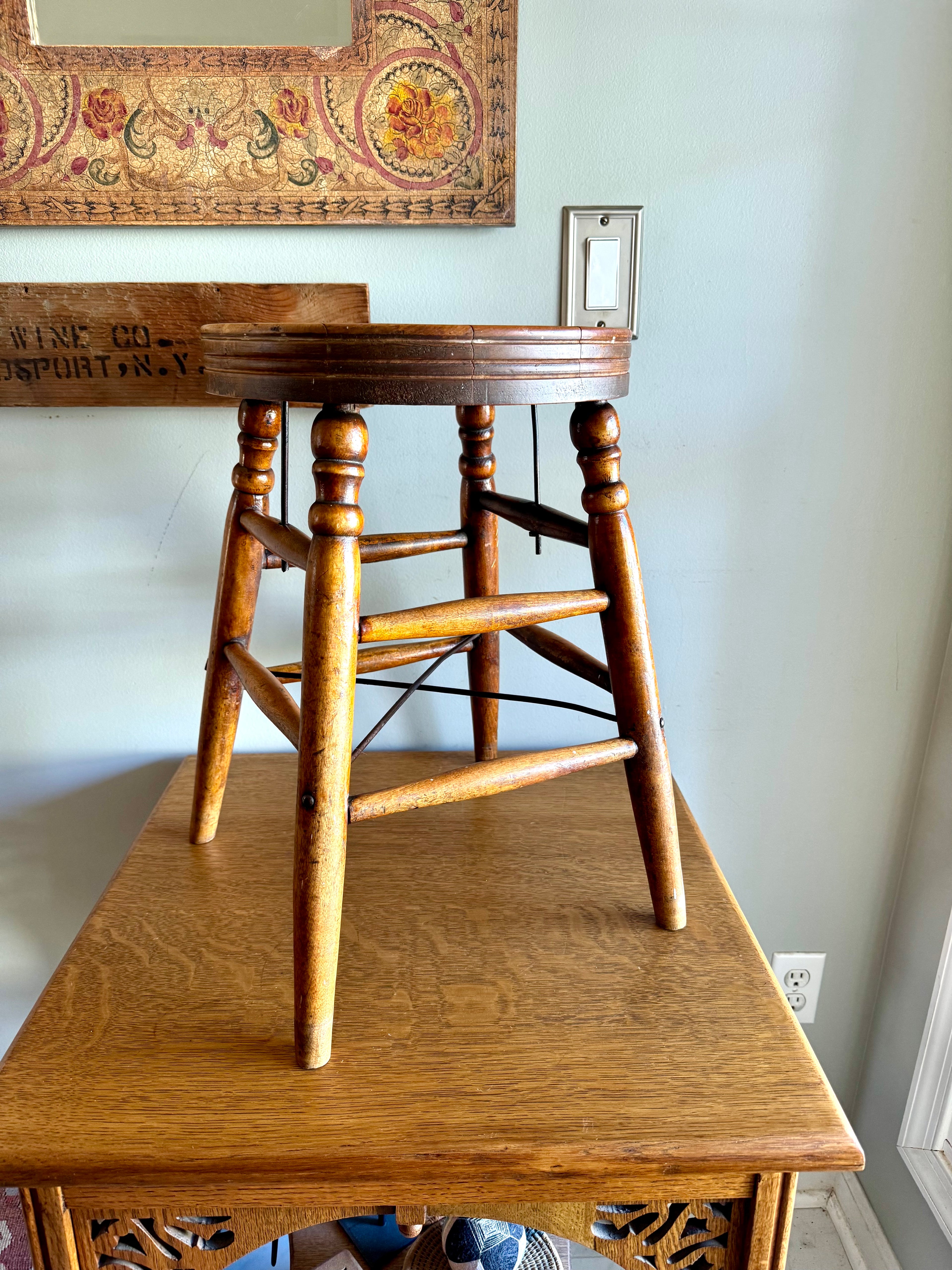 Antique Turned Leg Wooden Stool | Heywood Wakefield Style Wooden Stool