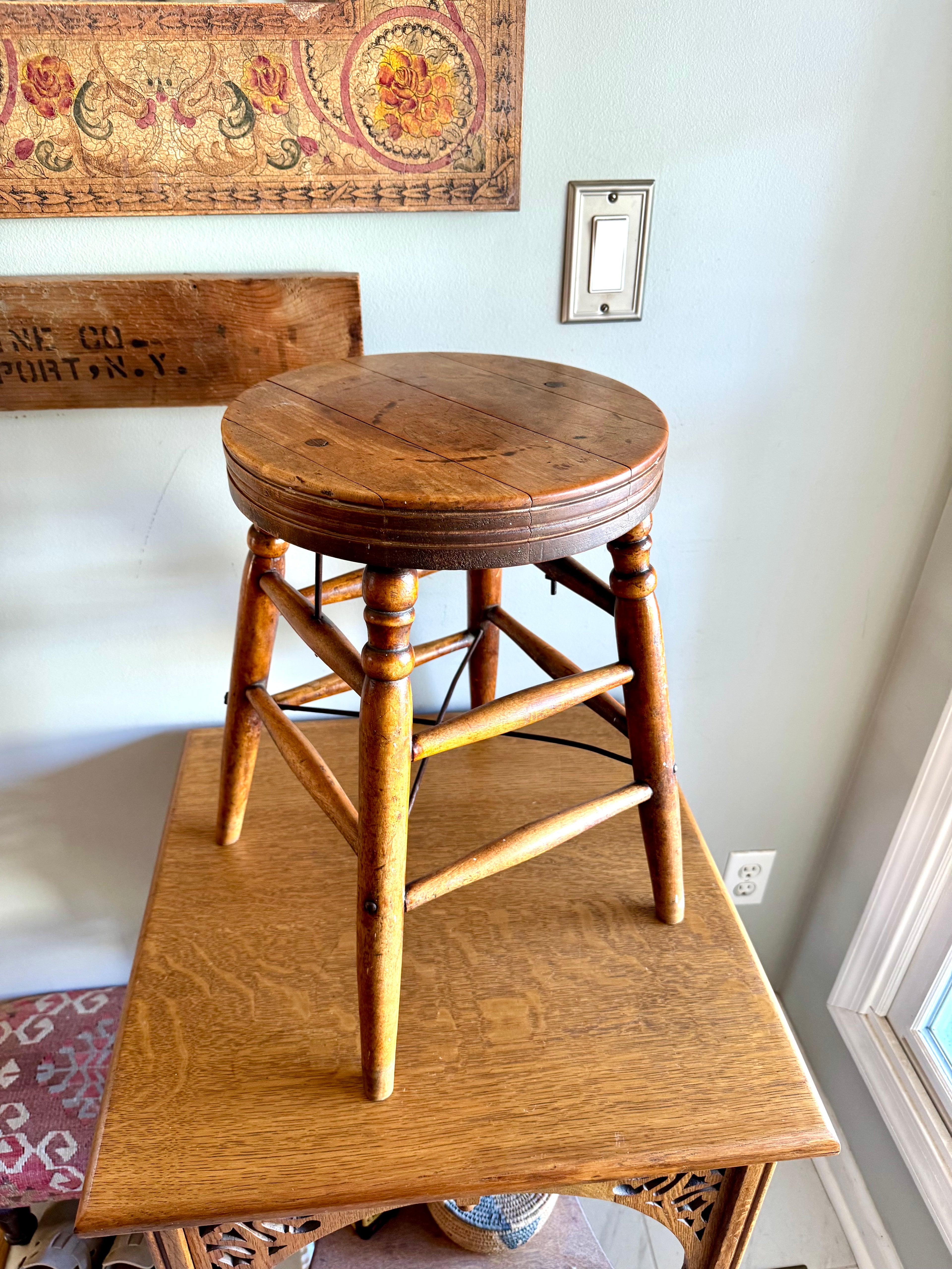 Antique Turned Leg Wooden Stool | Heywood Wakefield Style Wooden Stool