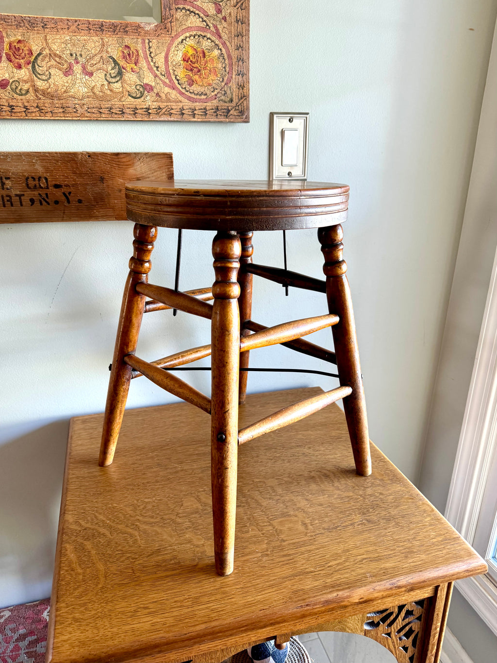 Antique Turned Leg Wooden Stool | Heywood Wakefield Style Wooden Stool