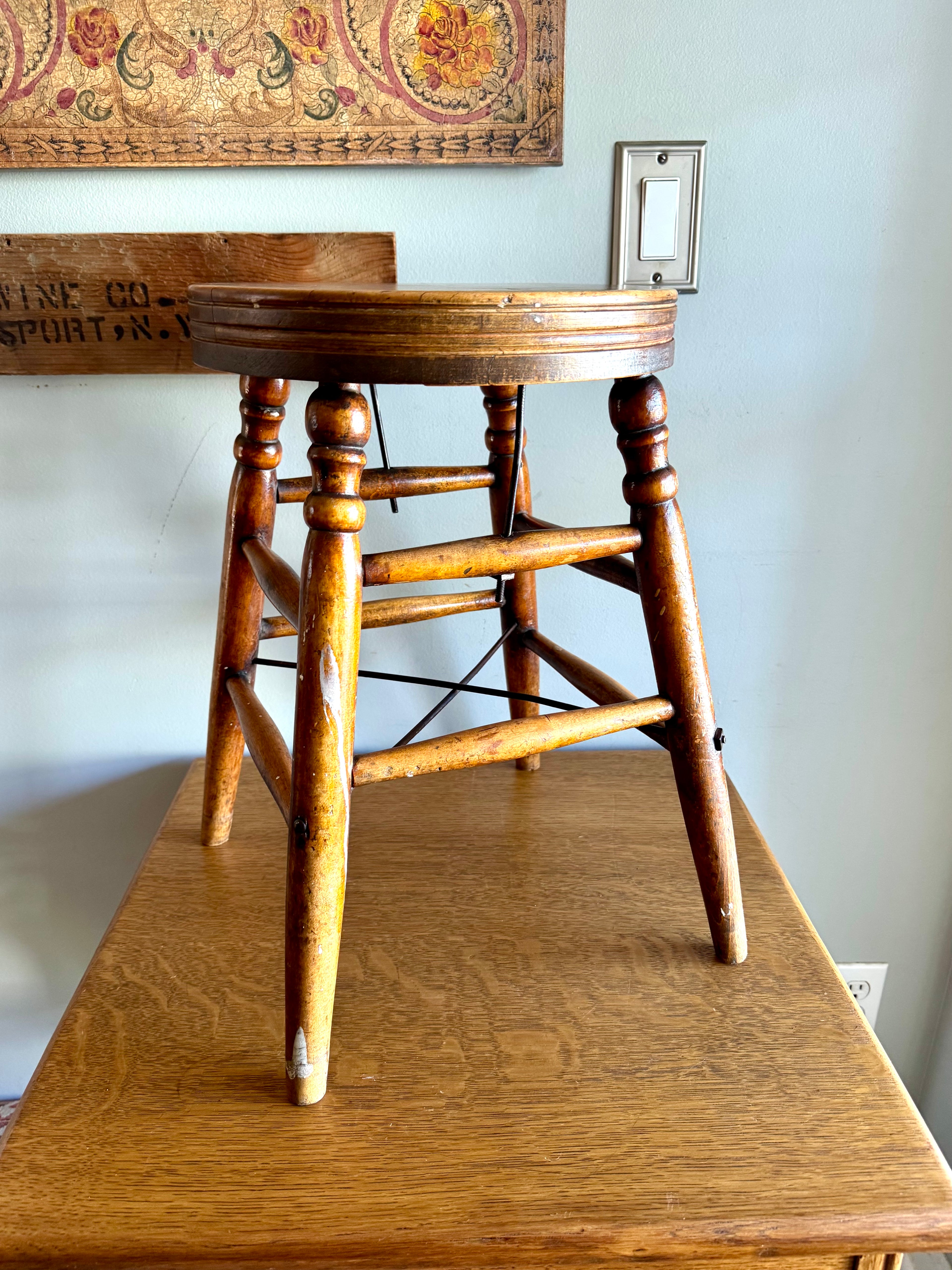 Antique Turned Leg Wooden Stool | Heywood Wakefield Style Wooden Stool