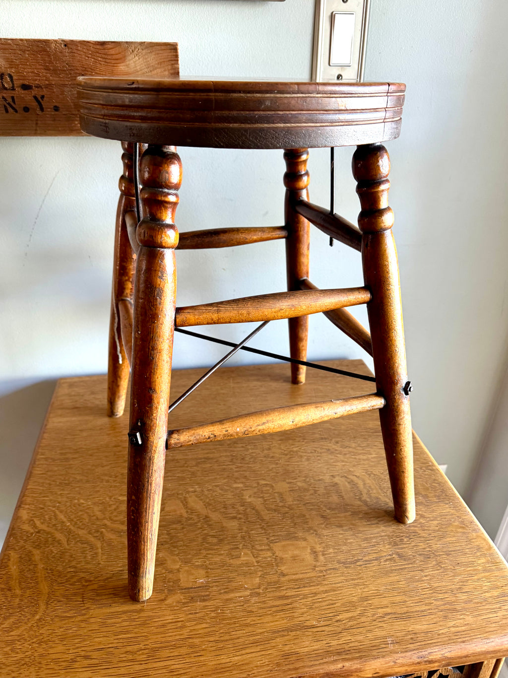 Antique Turned Leg Wooden Stool | Heywood Wakefield Style Wooden Stool