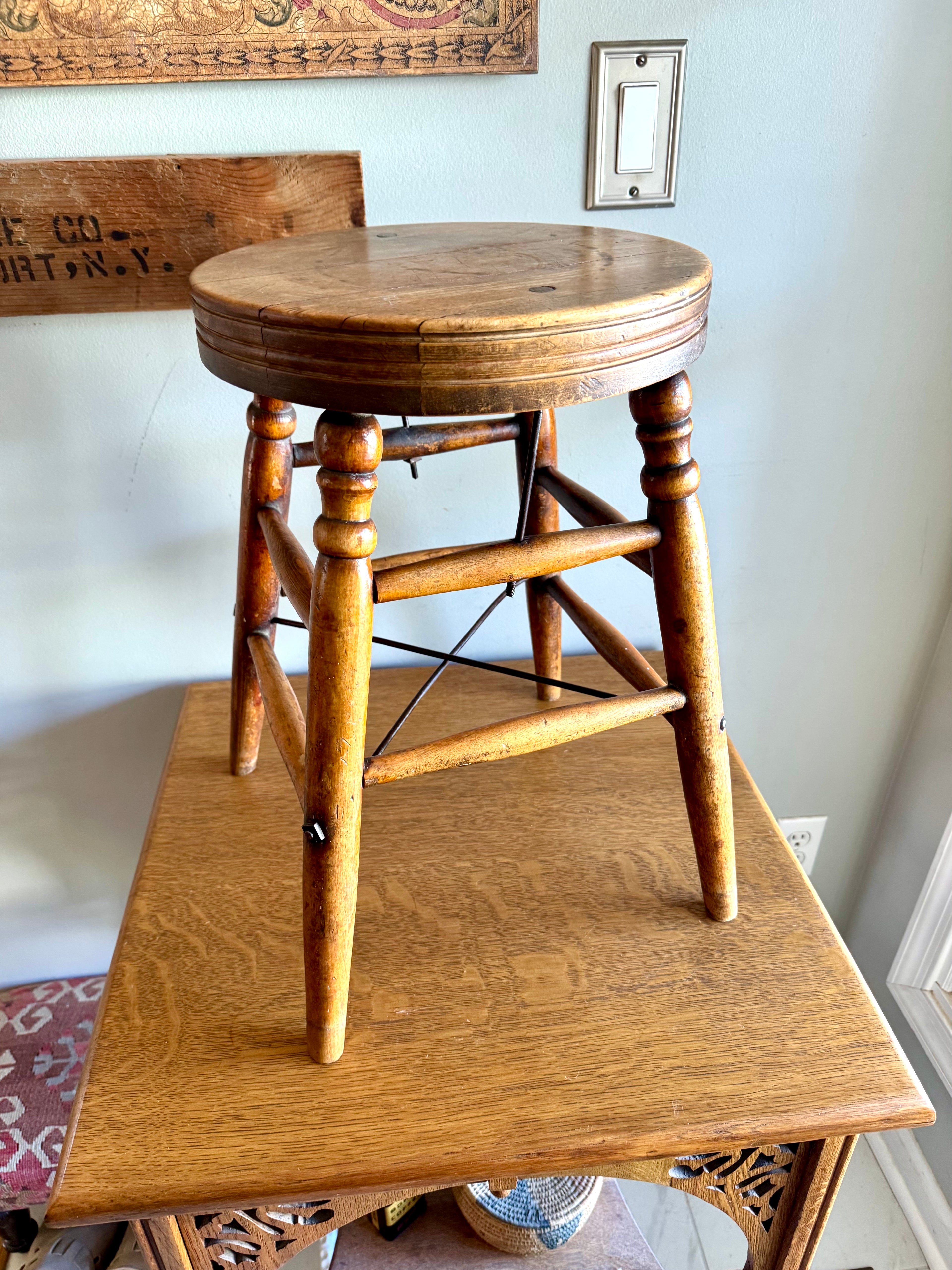 Antique Turned Leg Wooden Stool | Heywood Wakefield Style Wooden Stool
