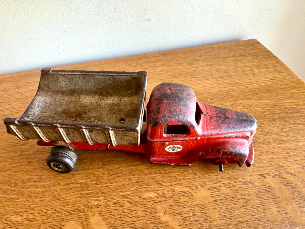 1930's Arcade Cast Iron International Dump Truck | Red Arcade International Cast Iron Truck (No front wheels)