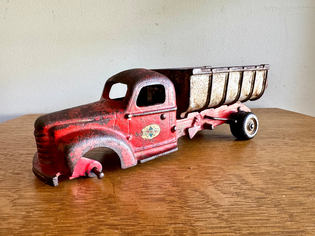 1930's Arcade Cast Iron International Dump Truck | Red Arcade International Cast Iron Truck (No front wheels)