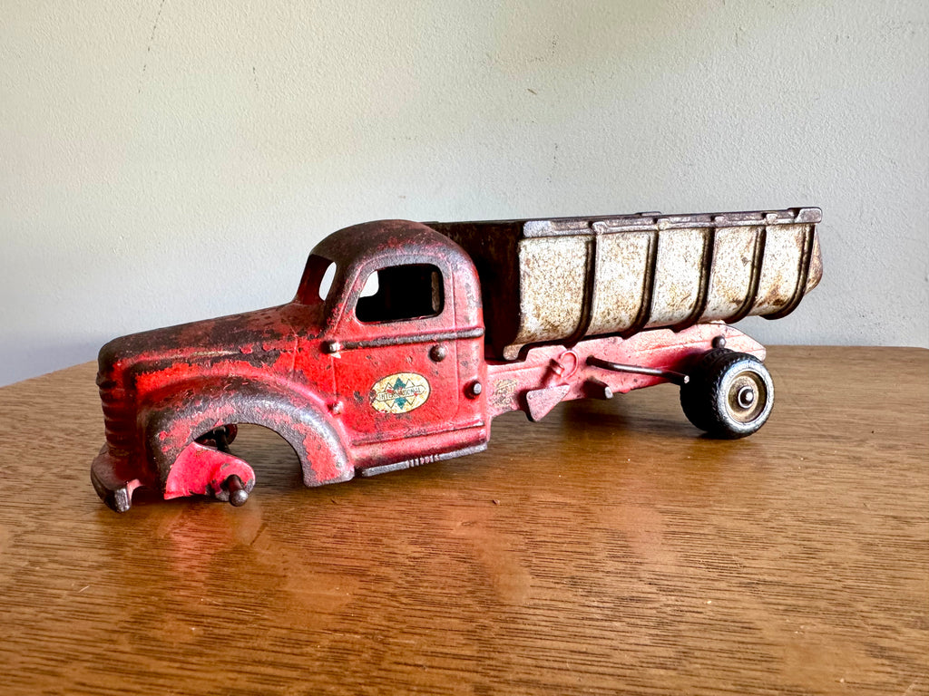 1930's Arcade Cast Iron International Dump Truck | Red Arcade International Cast Iron Truck (No front wheels)