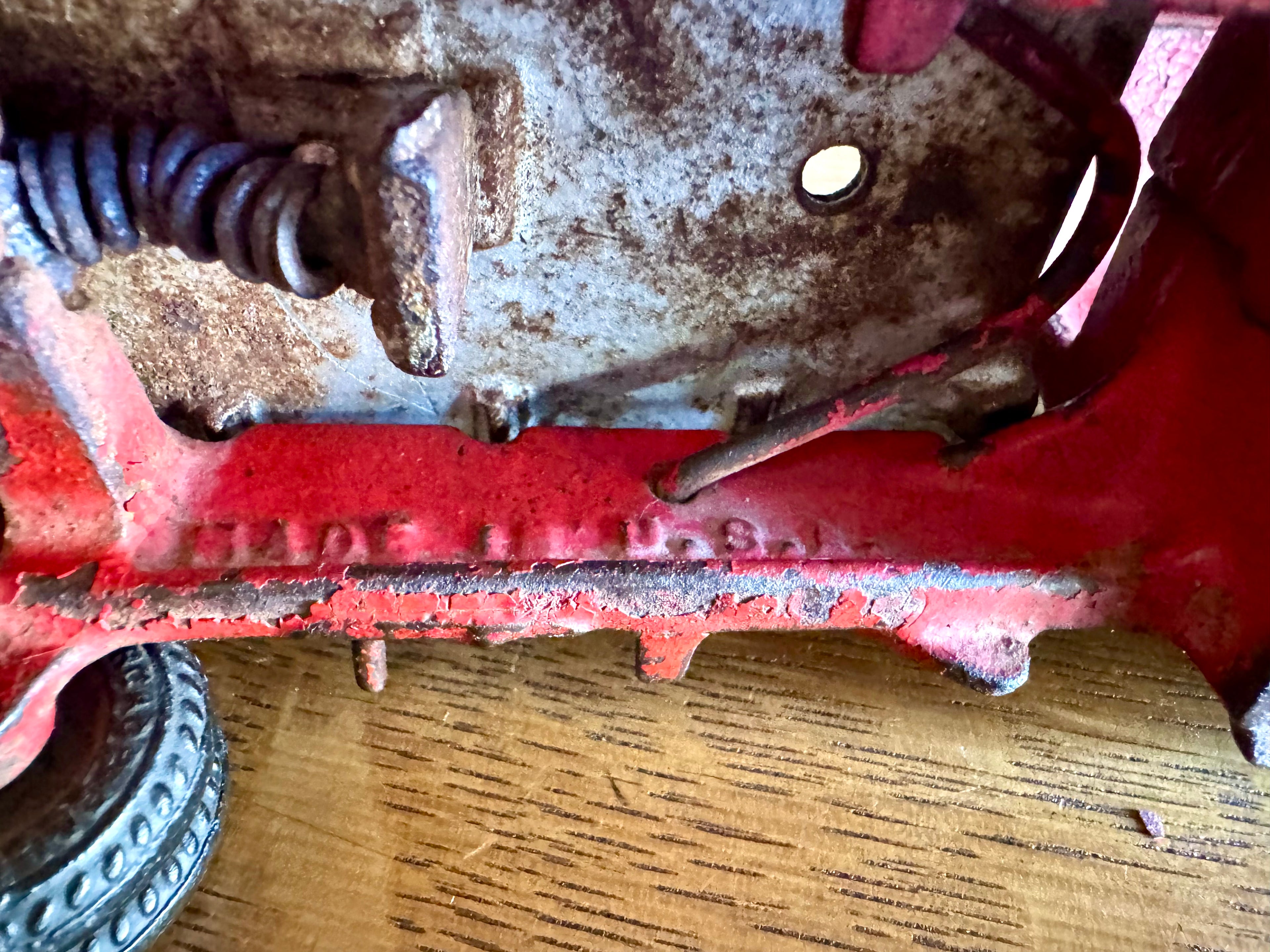 1930's Arcade Cast Iron International Dump Truck | Red Arcade International Cast Iron Truck (No front wheels)