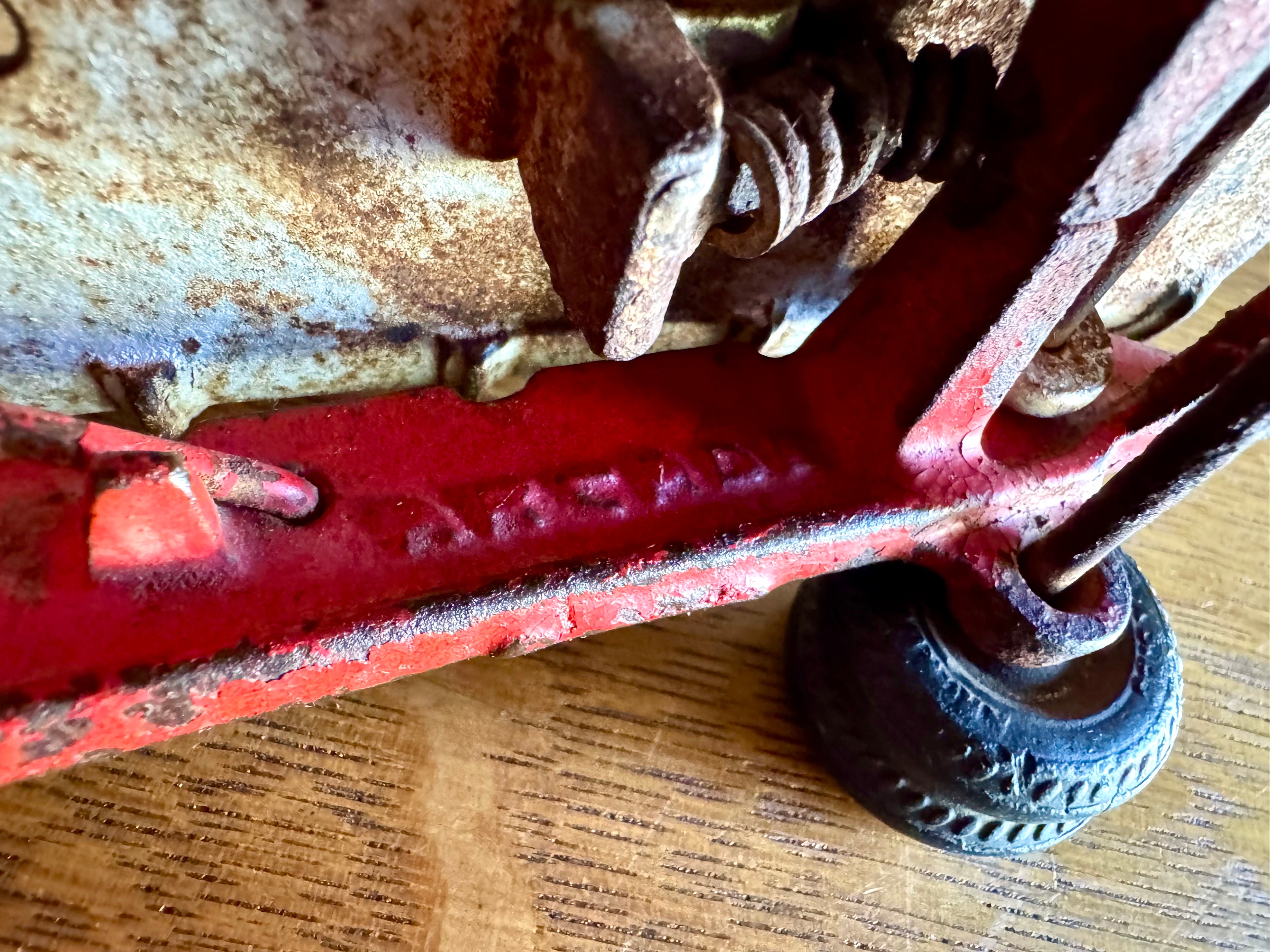 1930's Arcade Cast Iron International Dump Truck | Red Arcade International Cast Iron Truck (No front wheels)