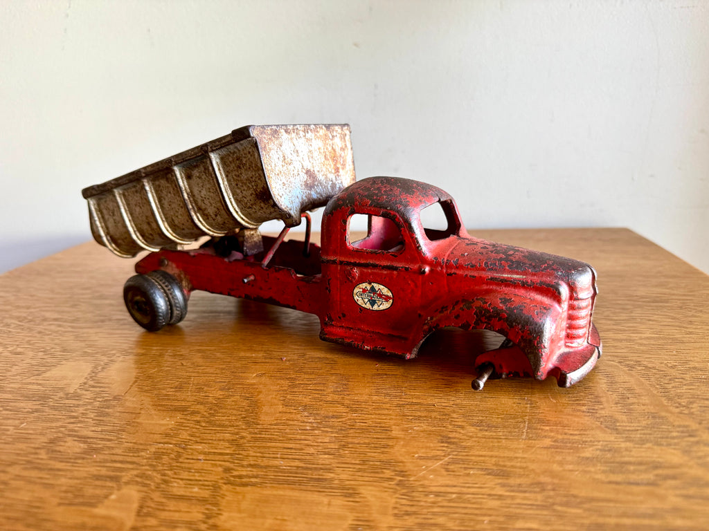1930's Arcade Cast Iron International Dump Truck | Red Arcade International Cast Iron Truck (No front wheels)