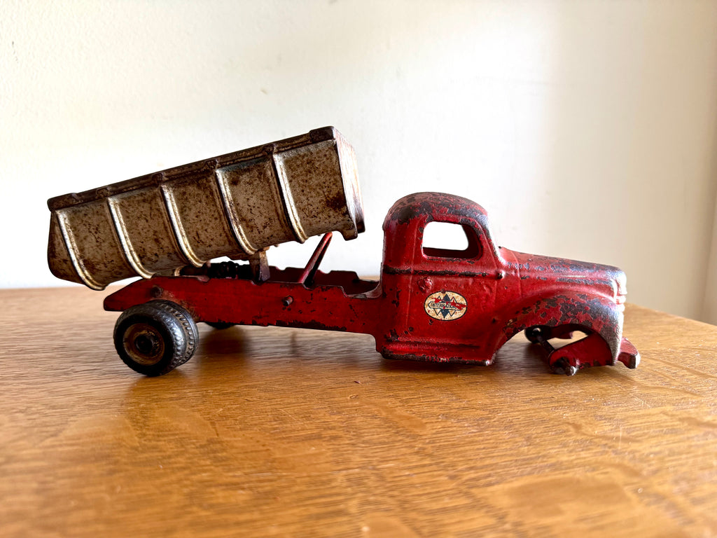 1930's Arcade Cast Iron International Dump Truck | Red Arcade International Cast Iron Truck (No front wheels)