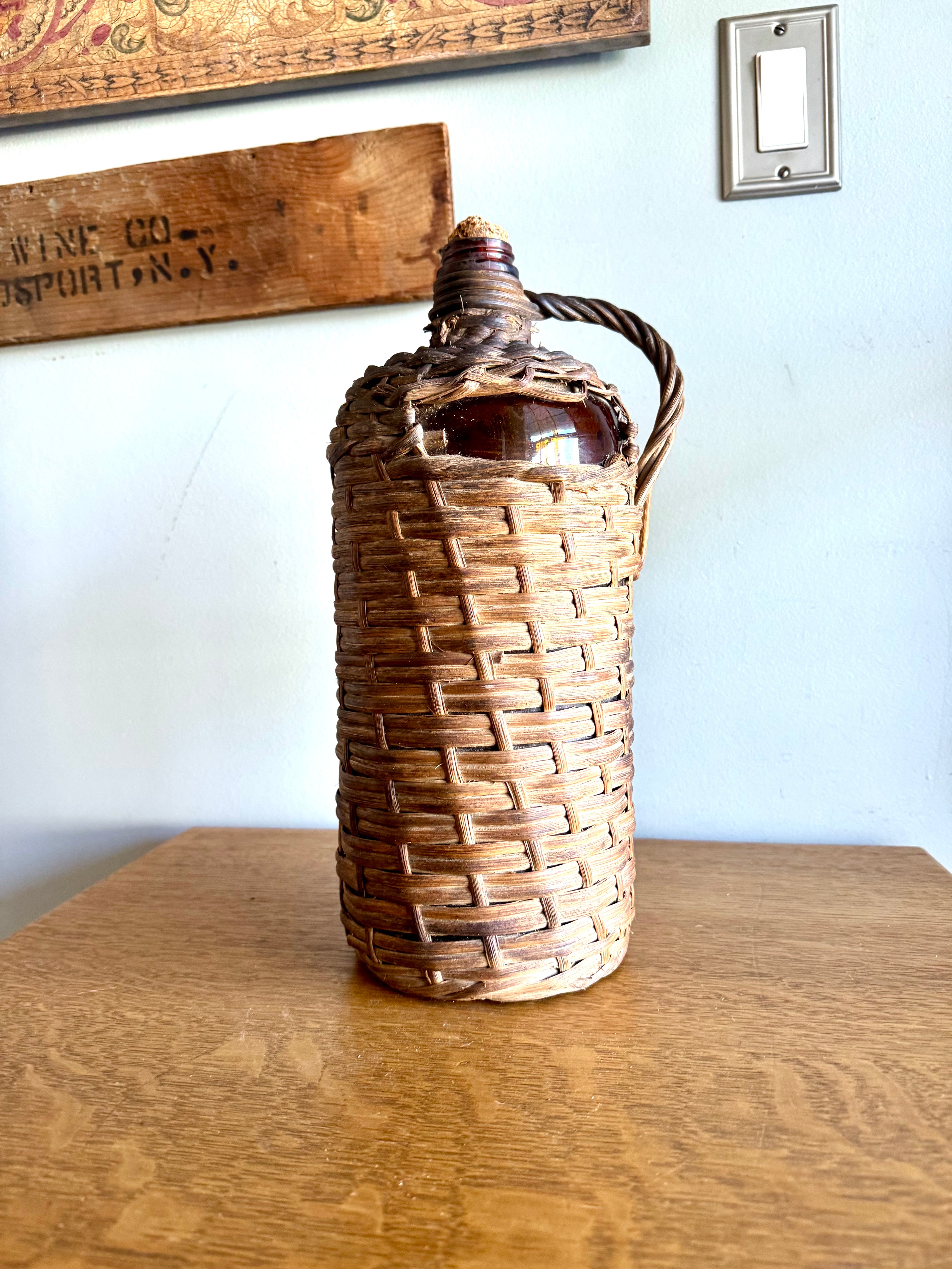 Antique Wicker Demijohn Bottle | Amber Bottles Wrapped In Wicker "Destilería Serrallés, Ponce P.R."