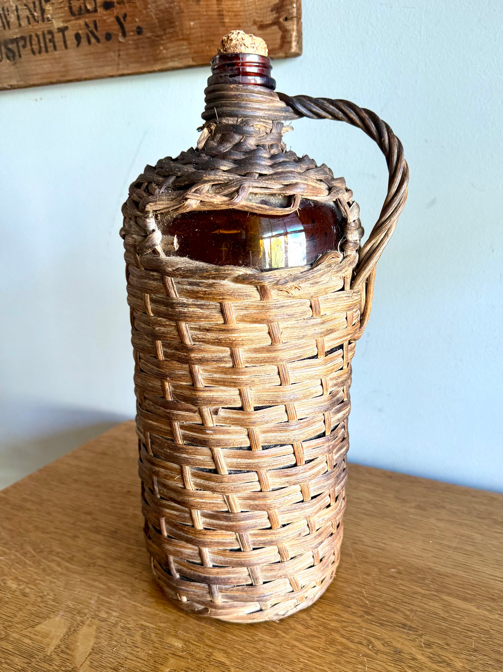 Antique Wicker Demijohn Bottle | Amber Bottles Wrapped In Wicker "Destilería Serrallés, Ponce P.R."