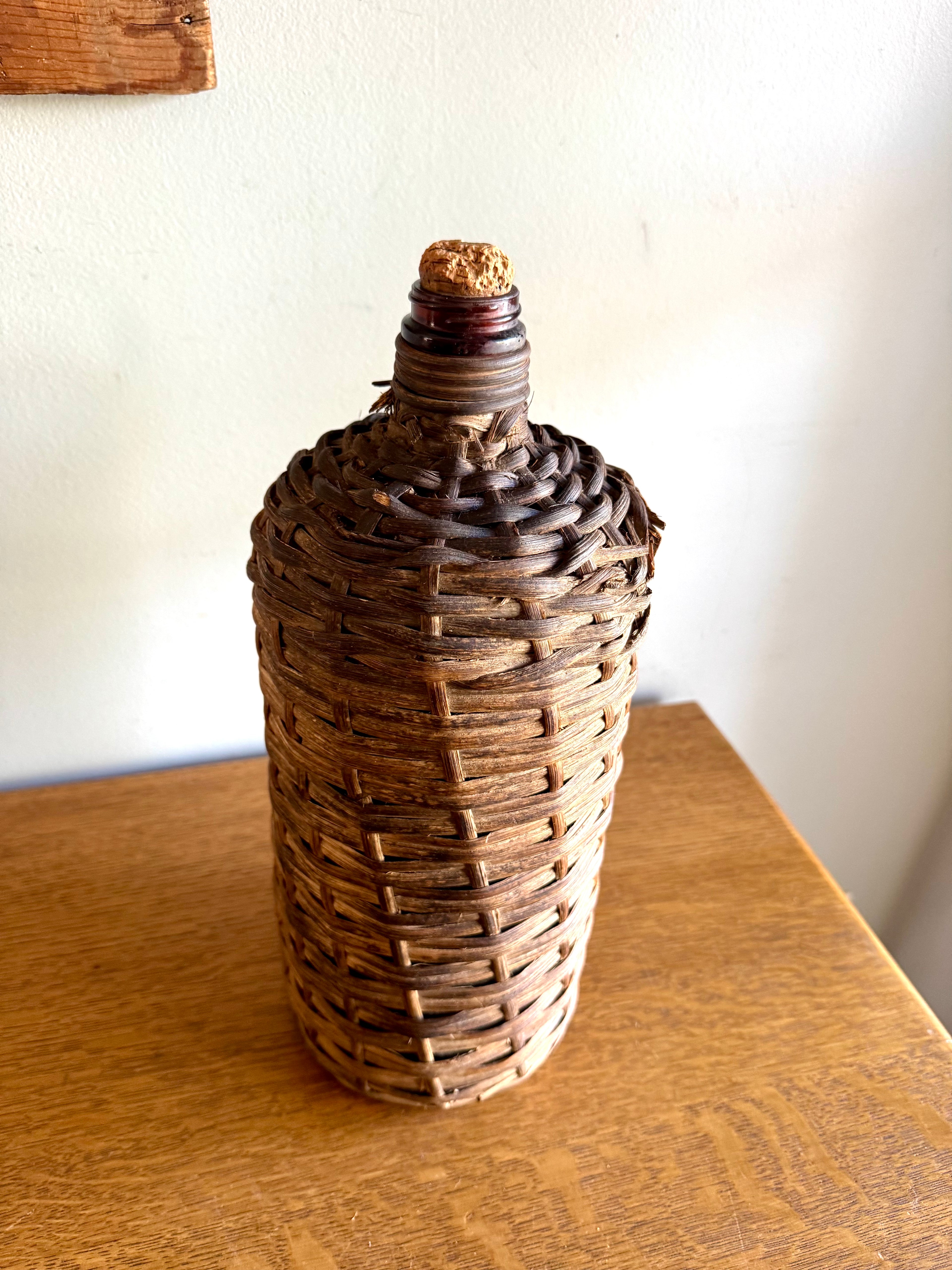 Antique Wicker Demijohn Bottle | Amber Bottles Wrapped In Wicker "Destilería Serrallés, Ponce P.R."