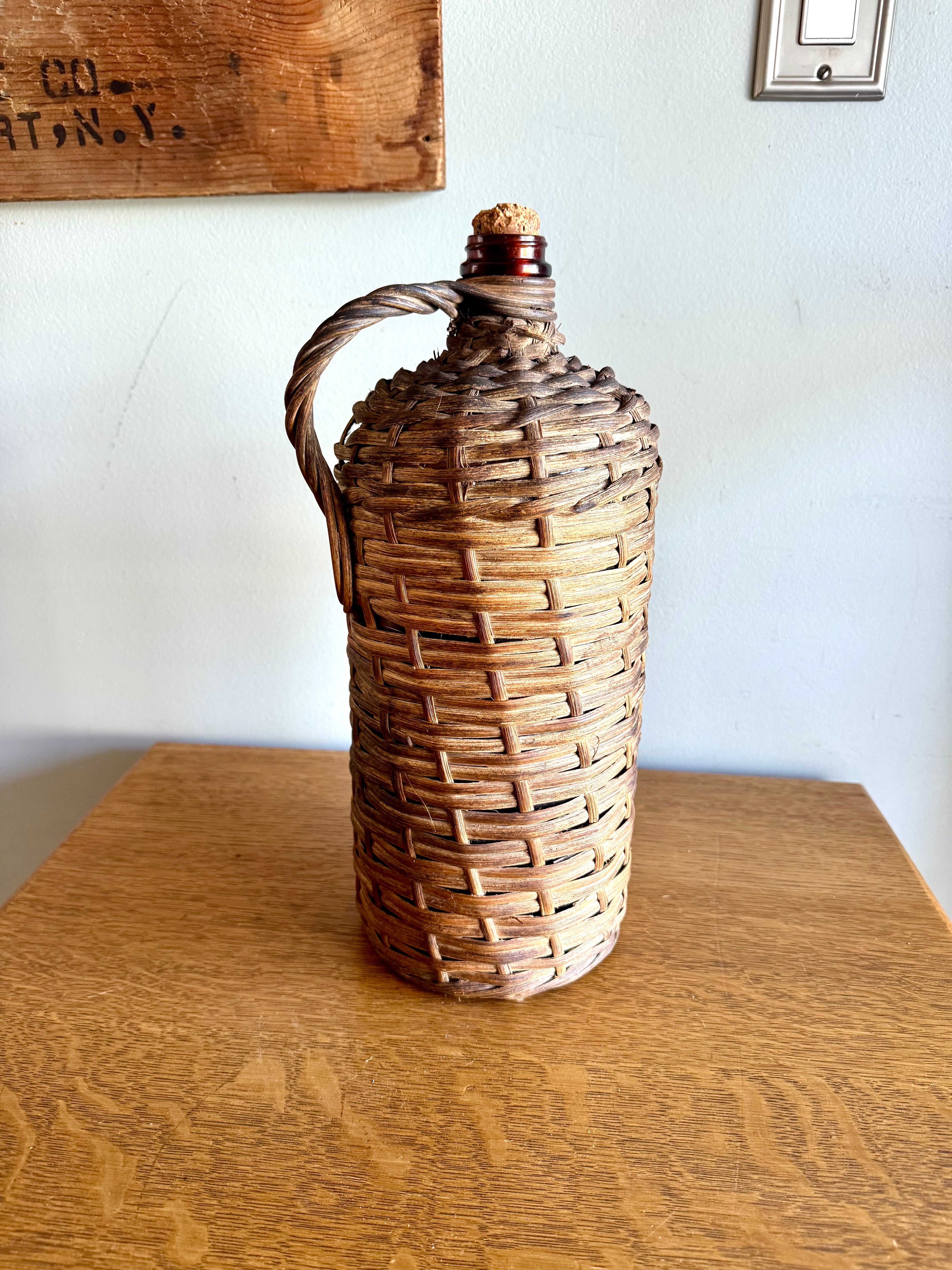 Antique Wicker Demijohn Bottle | Amber Bottles Wrapped In Wicker "Destilería Serrallés, Ponce P.R."