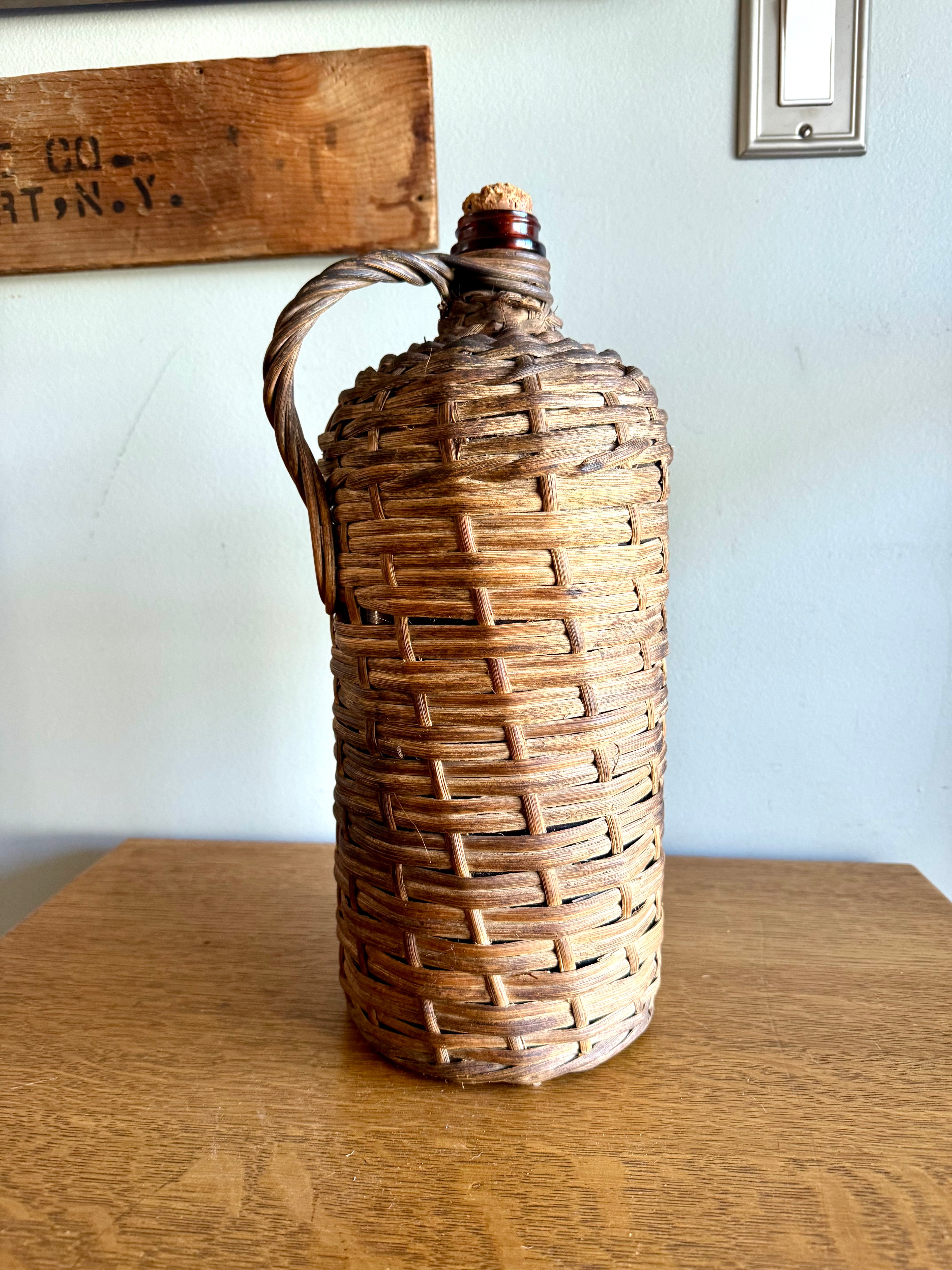 Antique Wicker Demijohn Bottle | Amber Bottles Wrapped In Wicker "Destilería Serrallés, Ponce P.R."