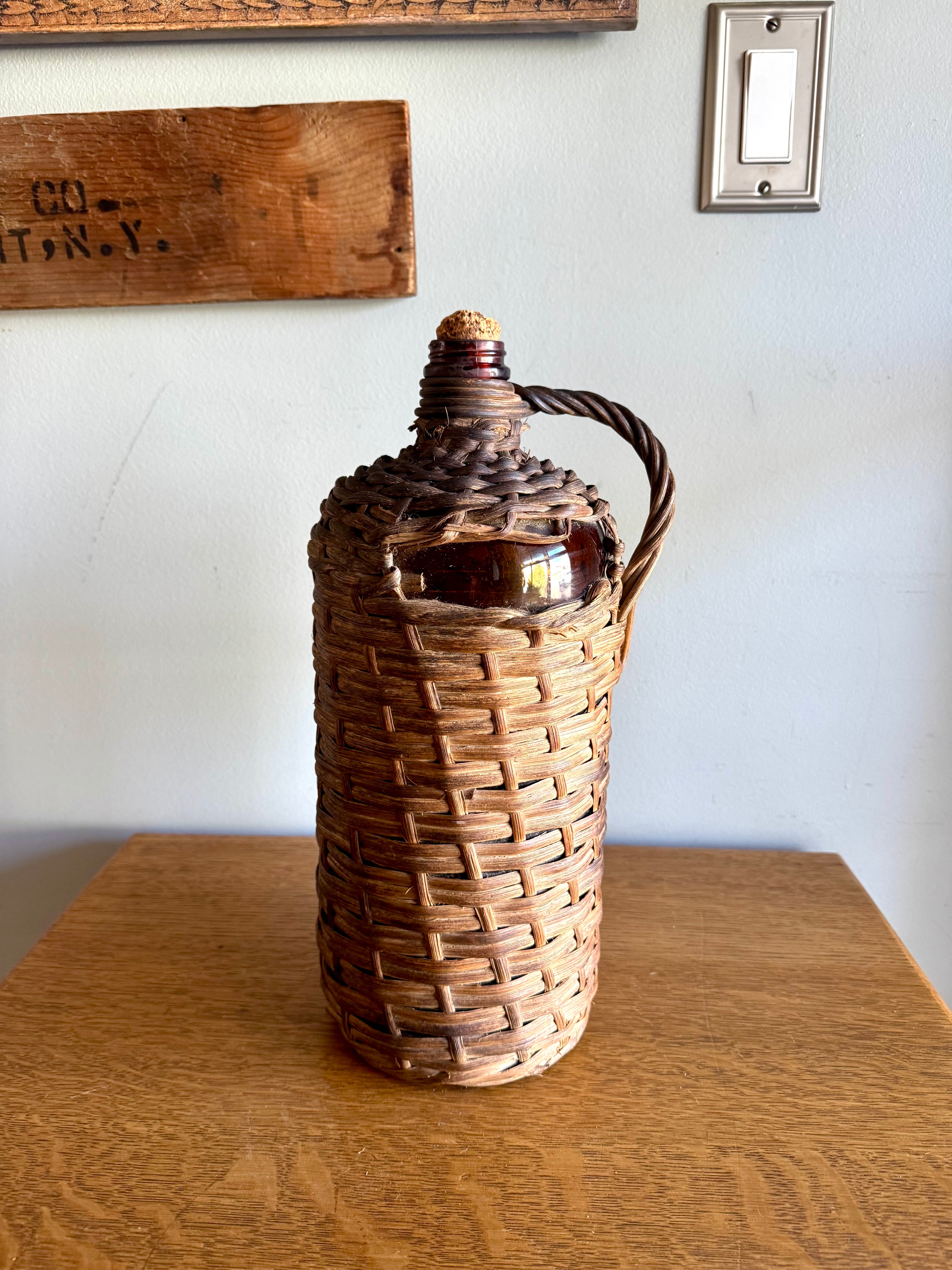 Antique Wicker Demijohn Bottle | Amber Bottles Wrapped In Wicker "Destilería Serrallés, Ponce P.R."