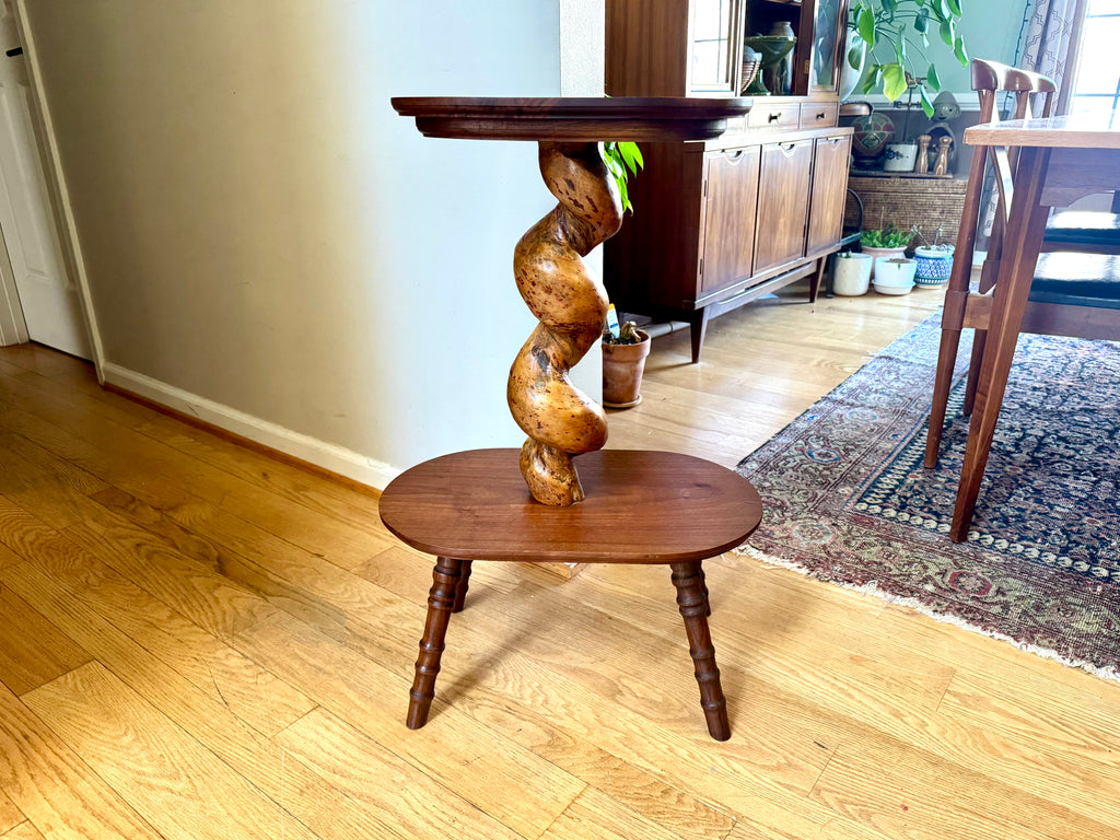 Vtg Wooden 2 Tiered Barley Twist Table | Turned Wood legged Unique Table