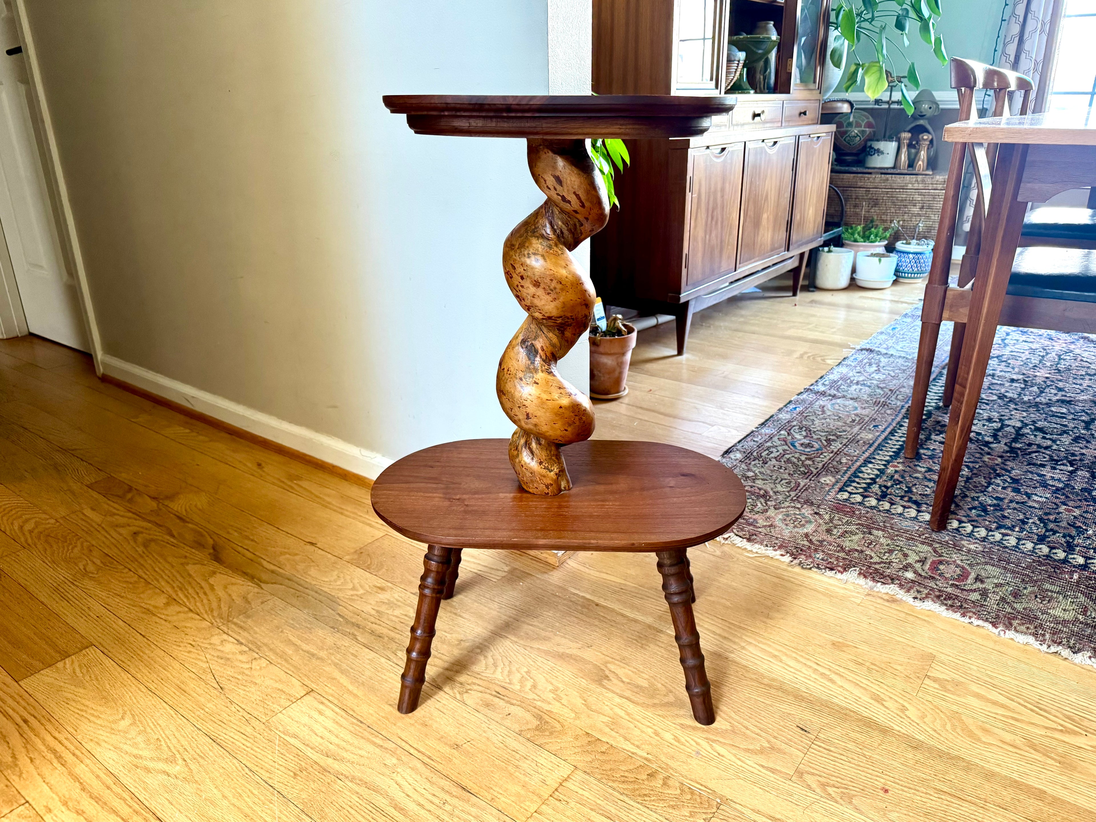 Vtg Wooden 2 Tiered Barley Twist Table | Turned Wood legged Unique Table