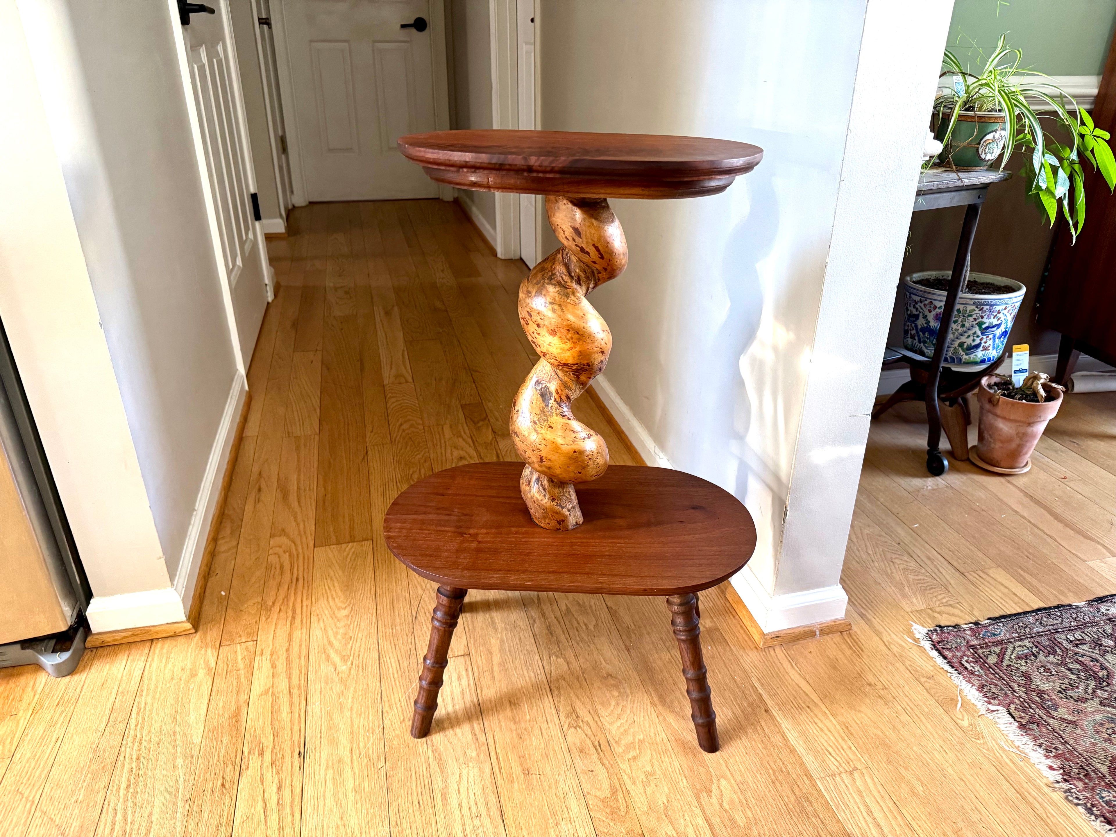 Vtg Wooden 2 Tiered Barley Twist Table | Turned Wood legged Unique Table