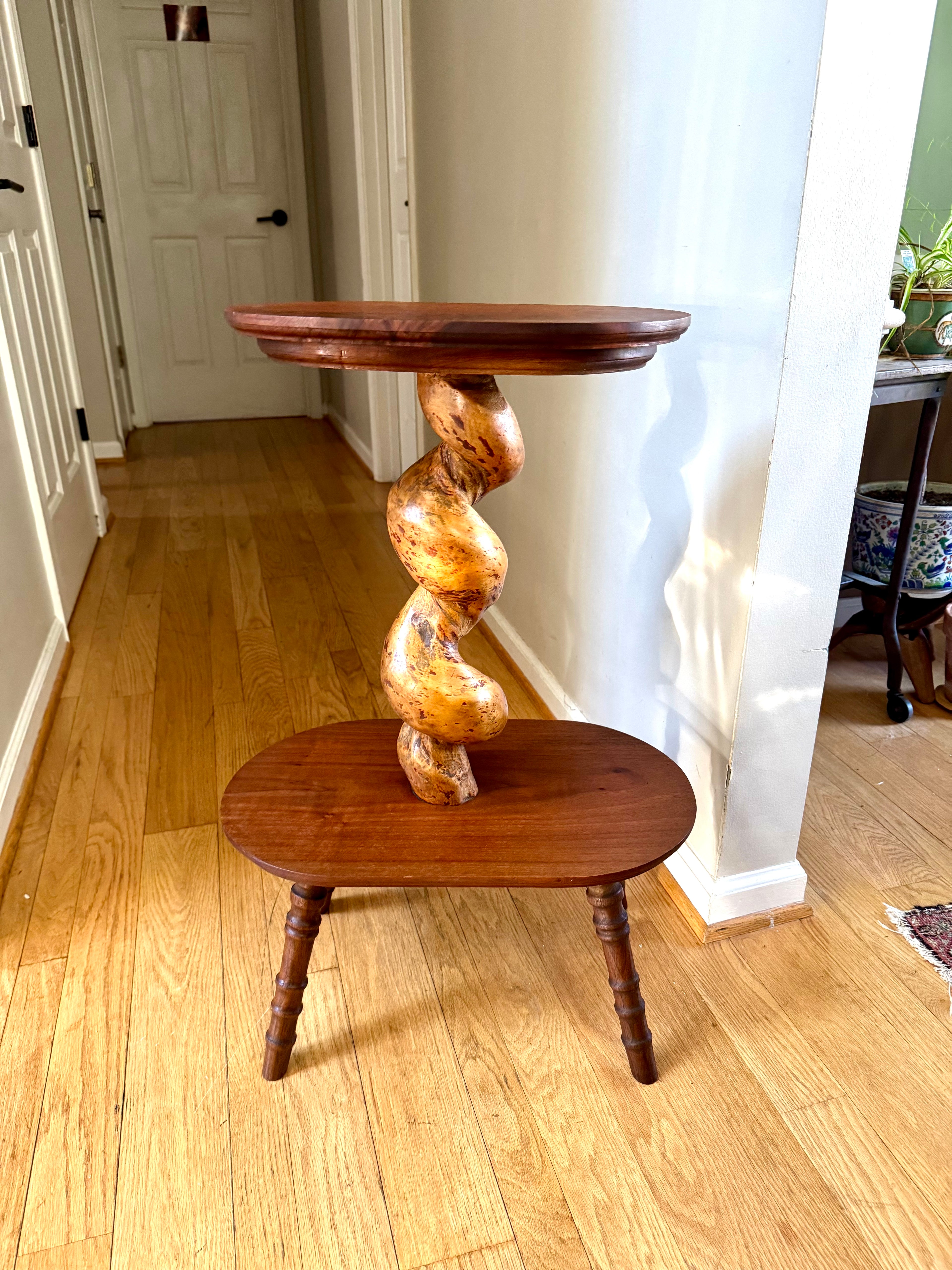 Vtg Wooden 2 Tiered Barley Twist Table | Turned Wood legged Unique Table