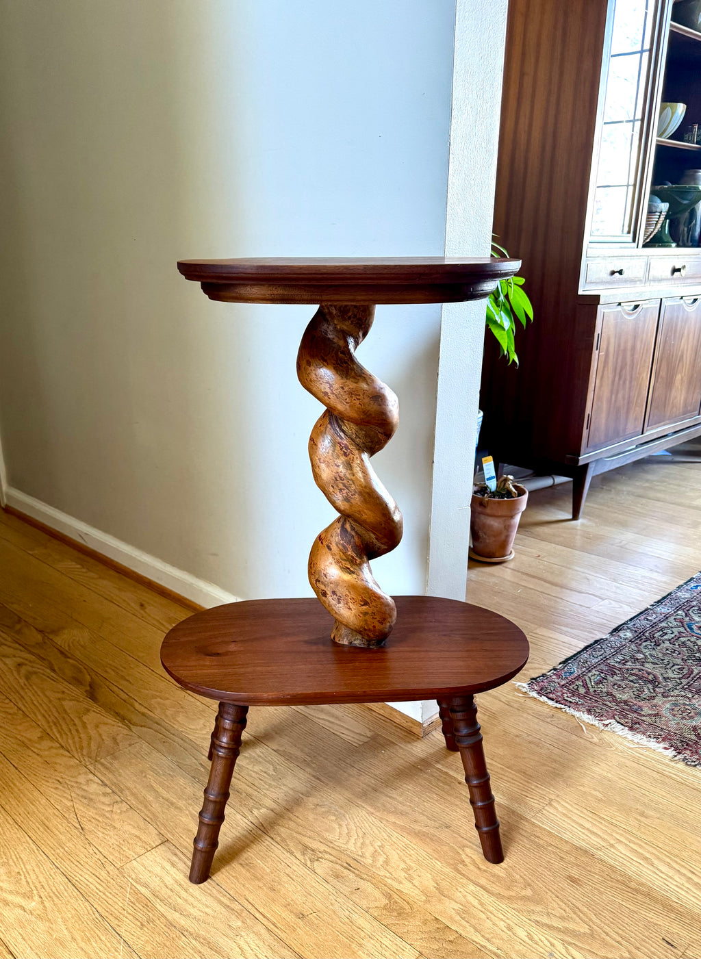 Vtg Wooden 2 Tiered Barley Twist Table | Turned Wood legged Unique Table