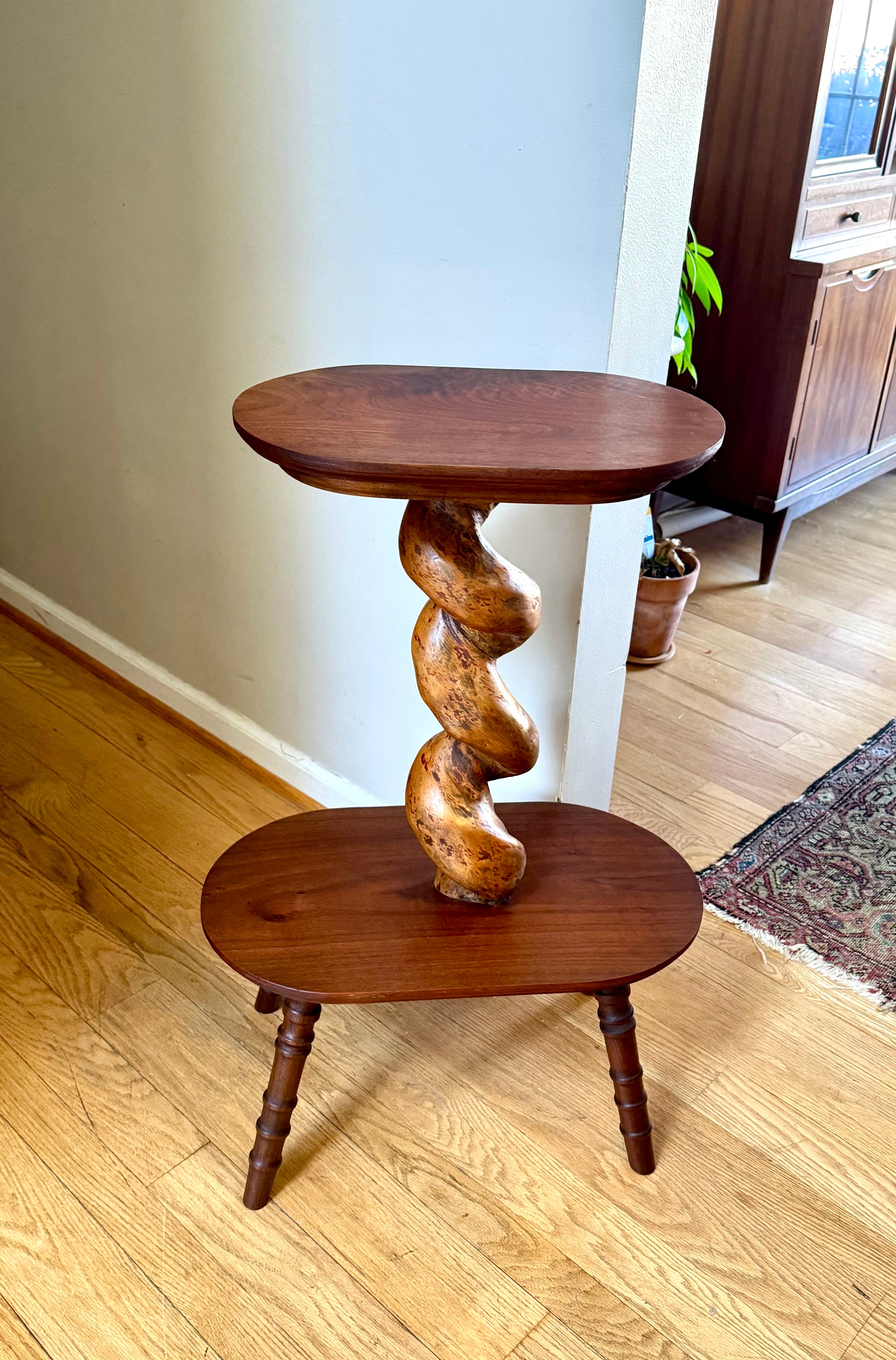 Vtg Wooden 2 Tiered Barley Twist Table | Turned Wood legged Unique Table