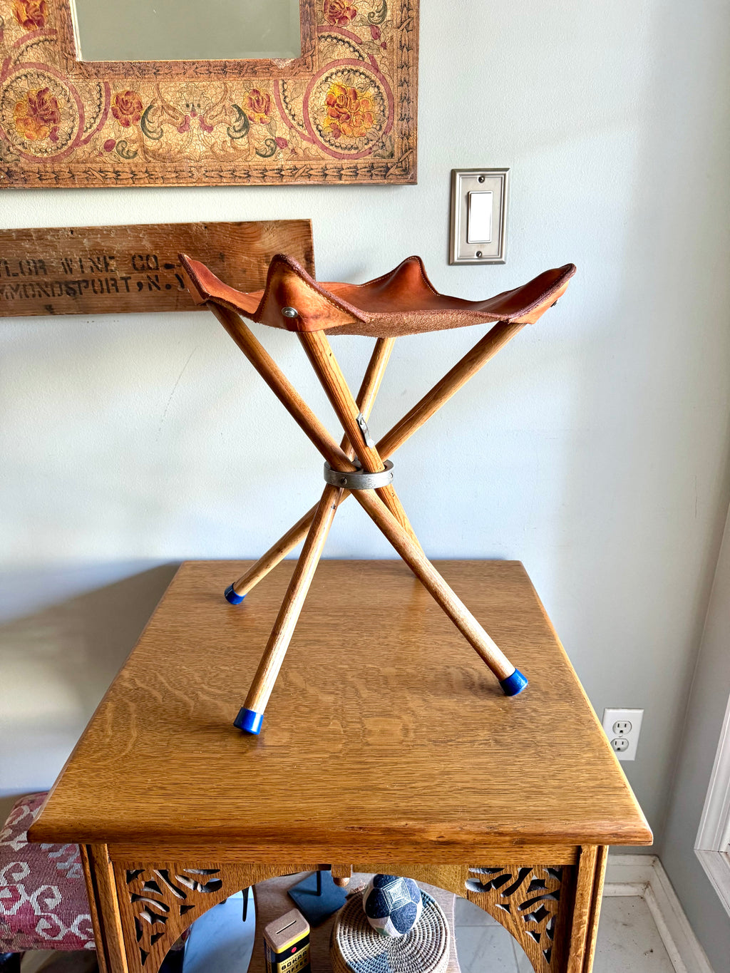 Vtg Wood & Leather Camp Stool | Folding 24" Camping Stool