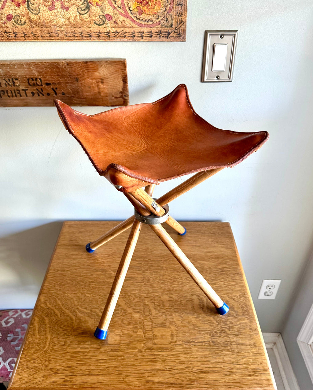 Vtg Wood & Leather Camp Stool | Folding 24" Camping Stool