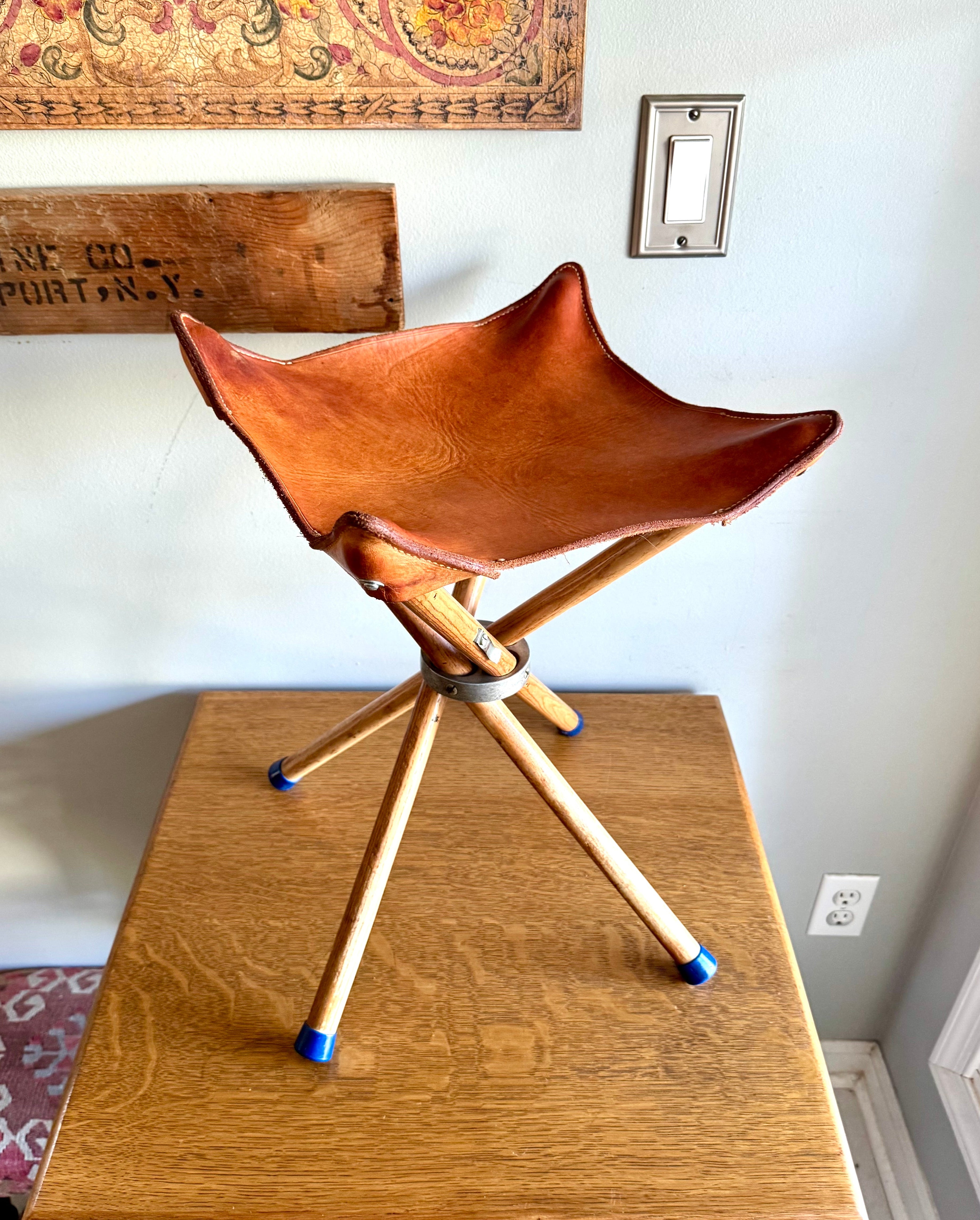 Vtg Wood & Leather Camp Stool | Folding 24" Camping Stool