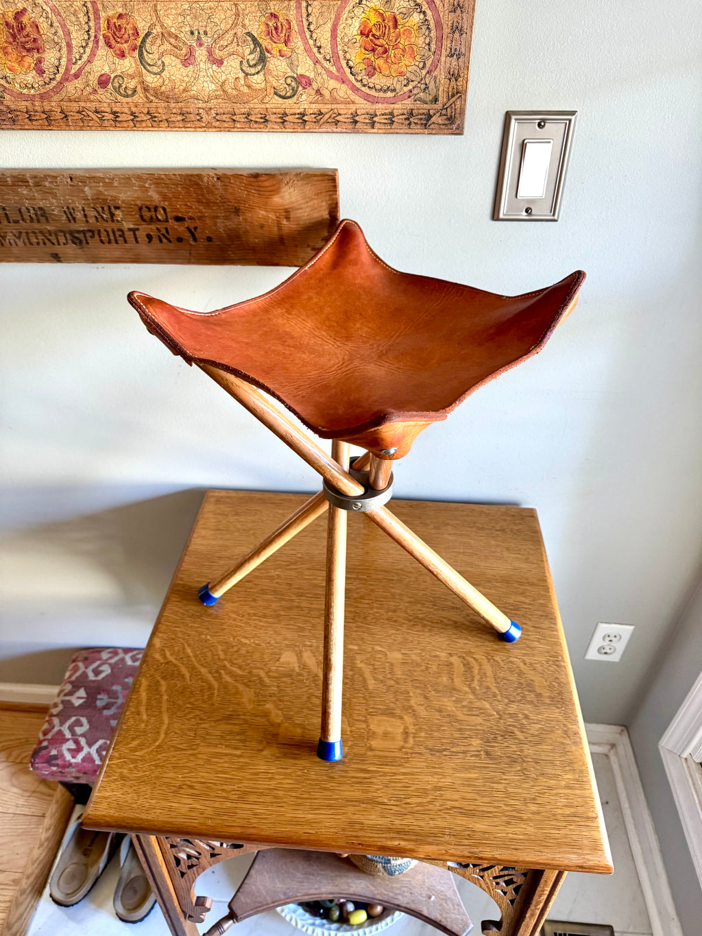Vtg Wood & Leather Camp Stool | Folding 24" Camping Stool