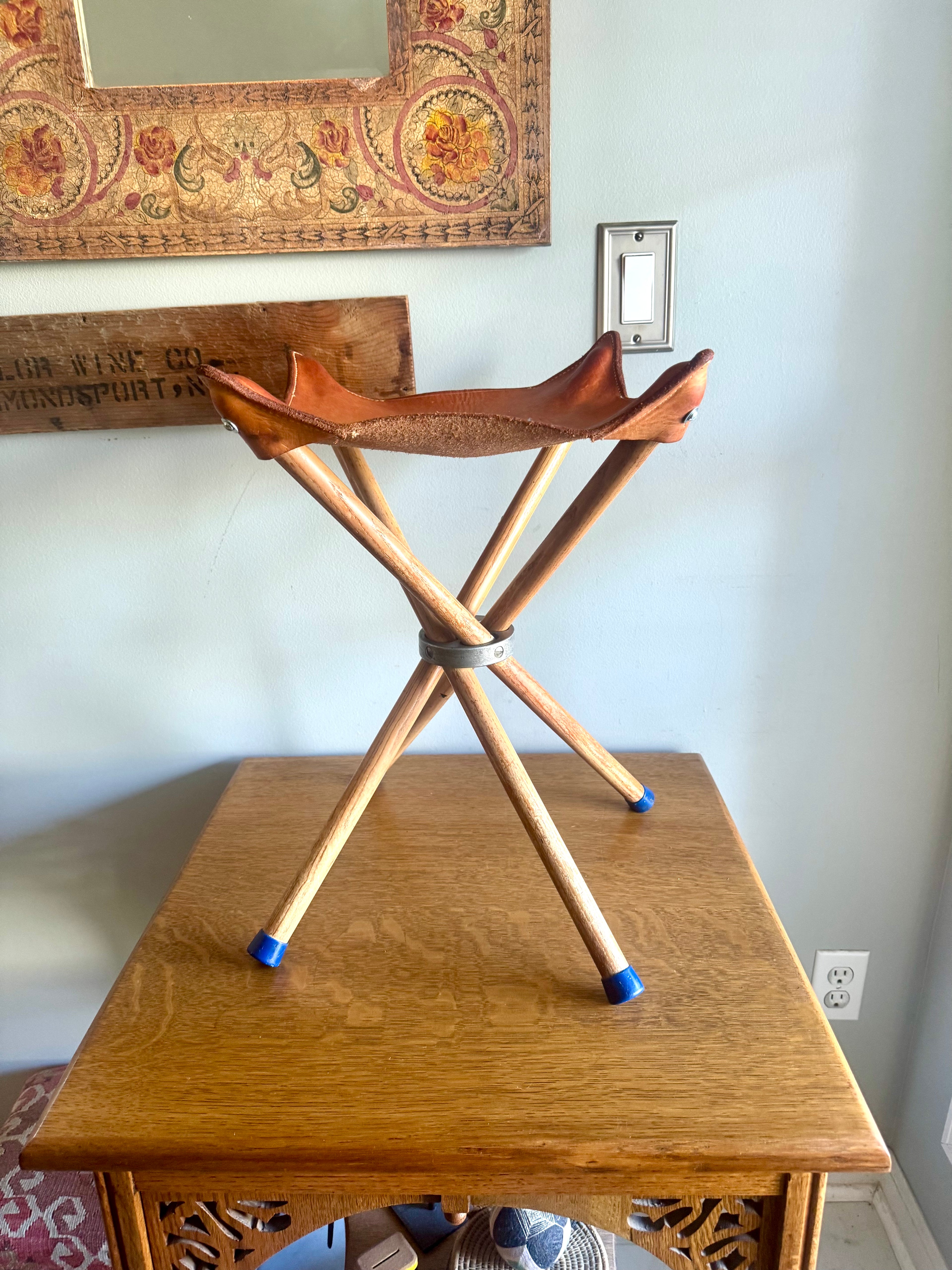 Vtg Wood & Leather Camp Stool | Folding 24" Camping Stool