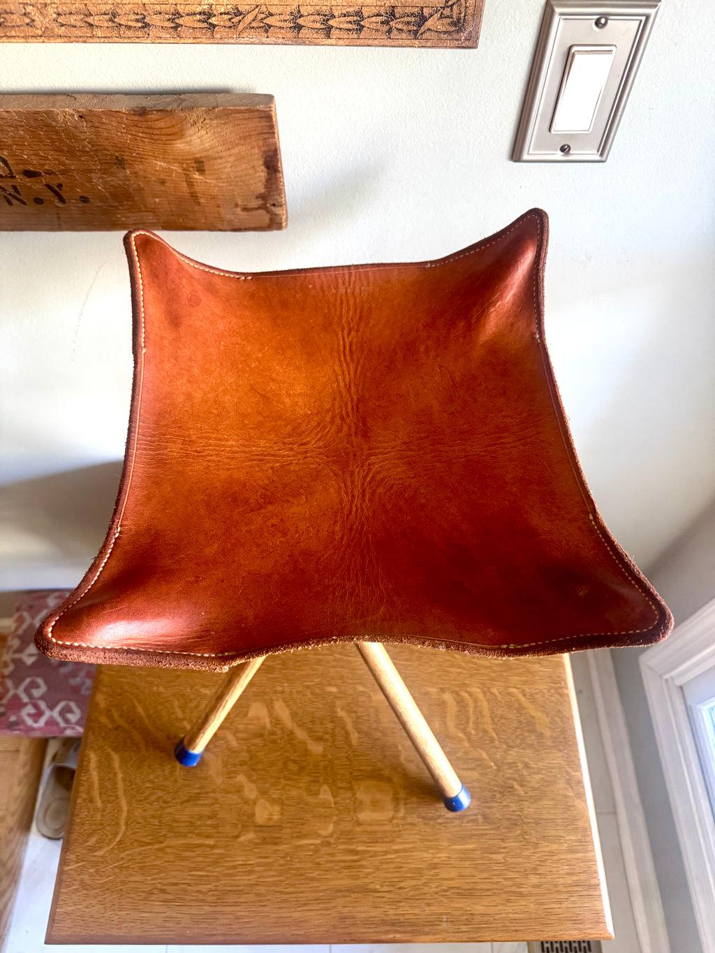 Vtg Wood & Leather Camp Stool | Folding 24" Camping Stool