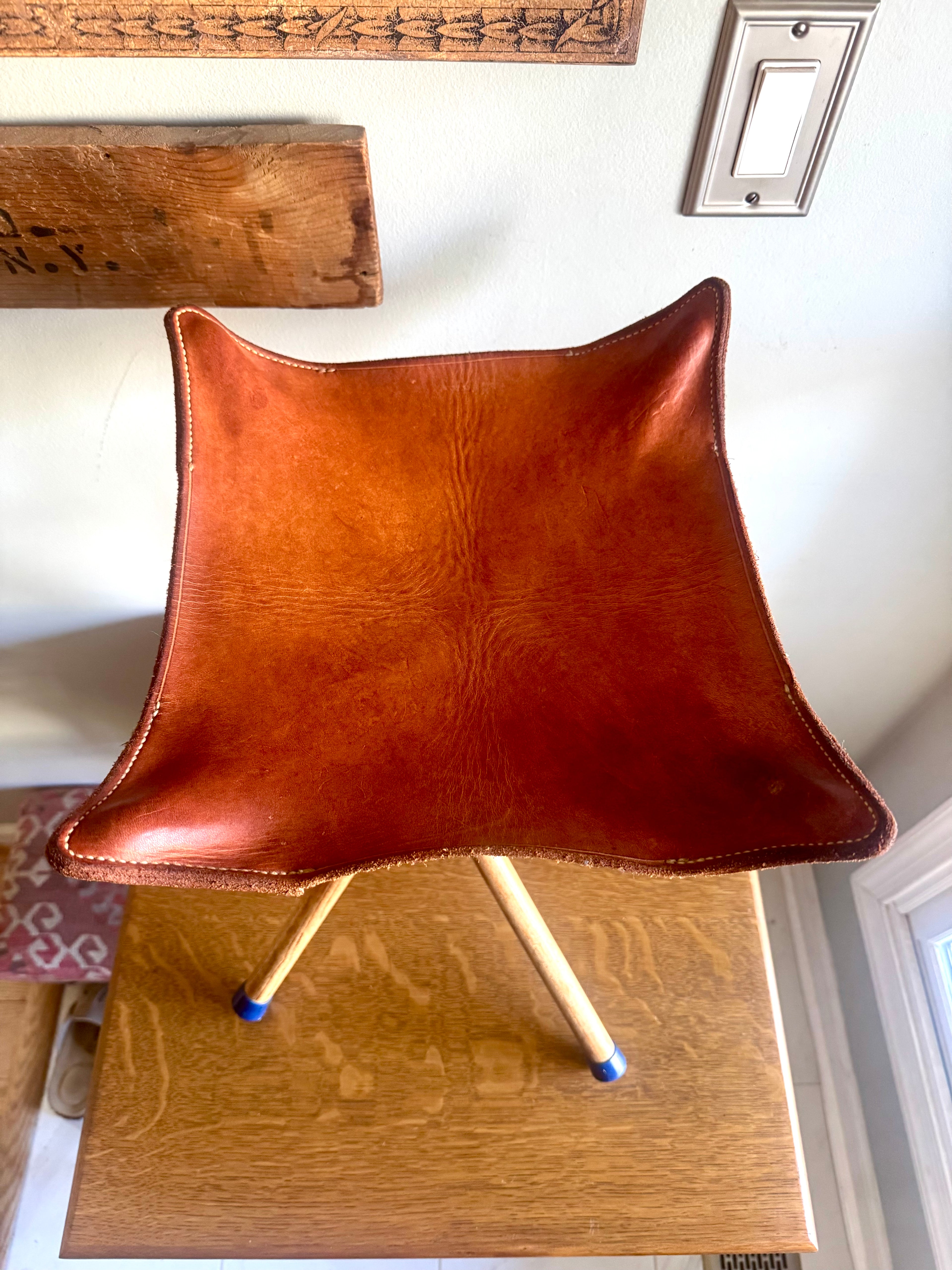 Vtg Wood & Leather Camp Stool | Folding 24" Camping Stool