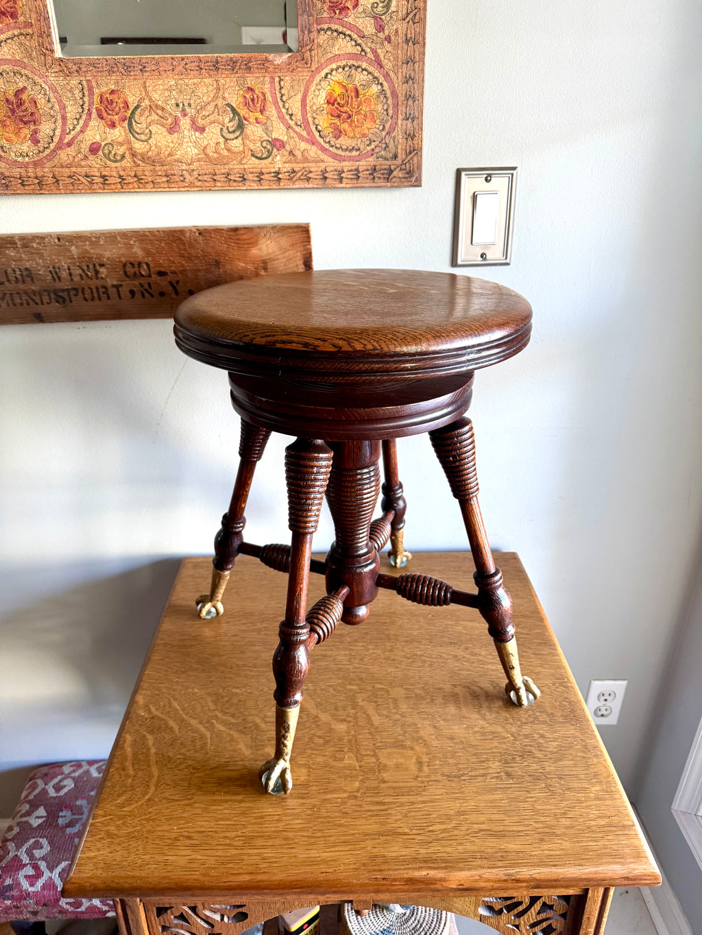 Antique Wooden Claw Foot  Piano Stool | Glass Ball Claw Foot Adjustable Piano Stool