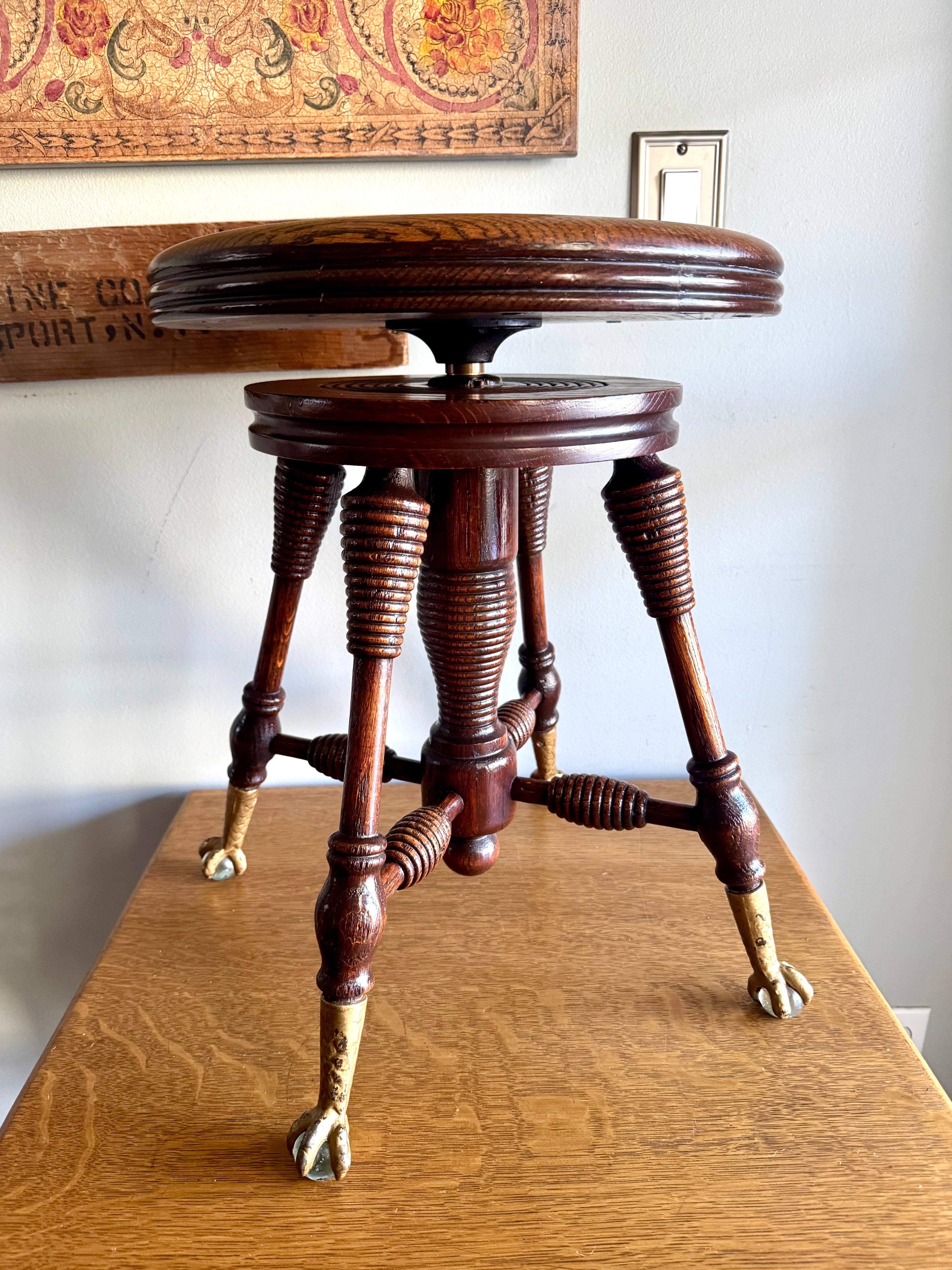 Antique Wooden Claw Foot  Piano Stool | Glass Ball Claw Foot Adjustable Piano Stool