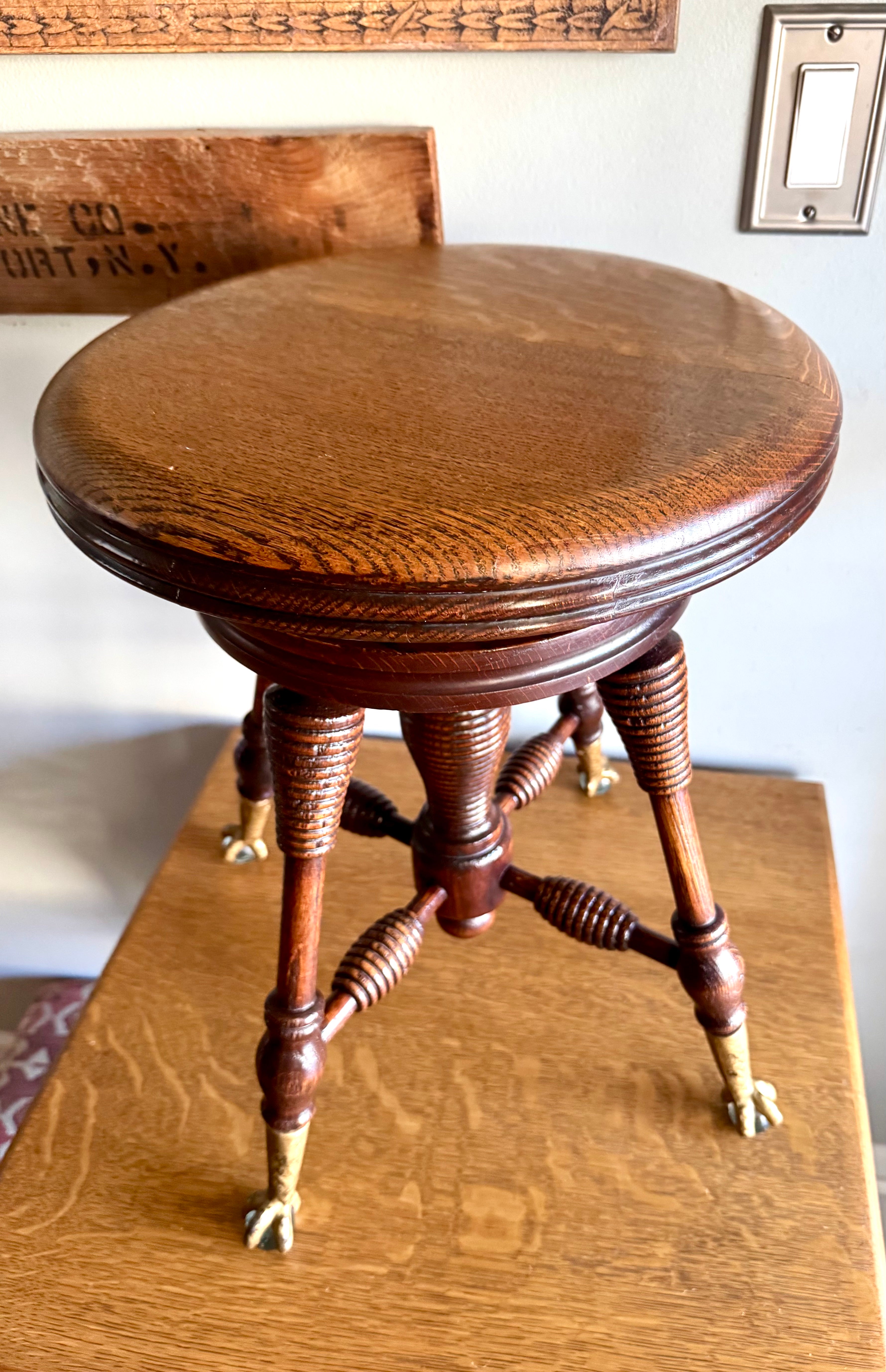 Antique Wooden Claw Foot  Piano Stool | Glass Ball Claw Foot Adjustable Piano Stool