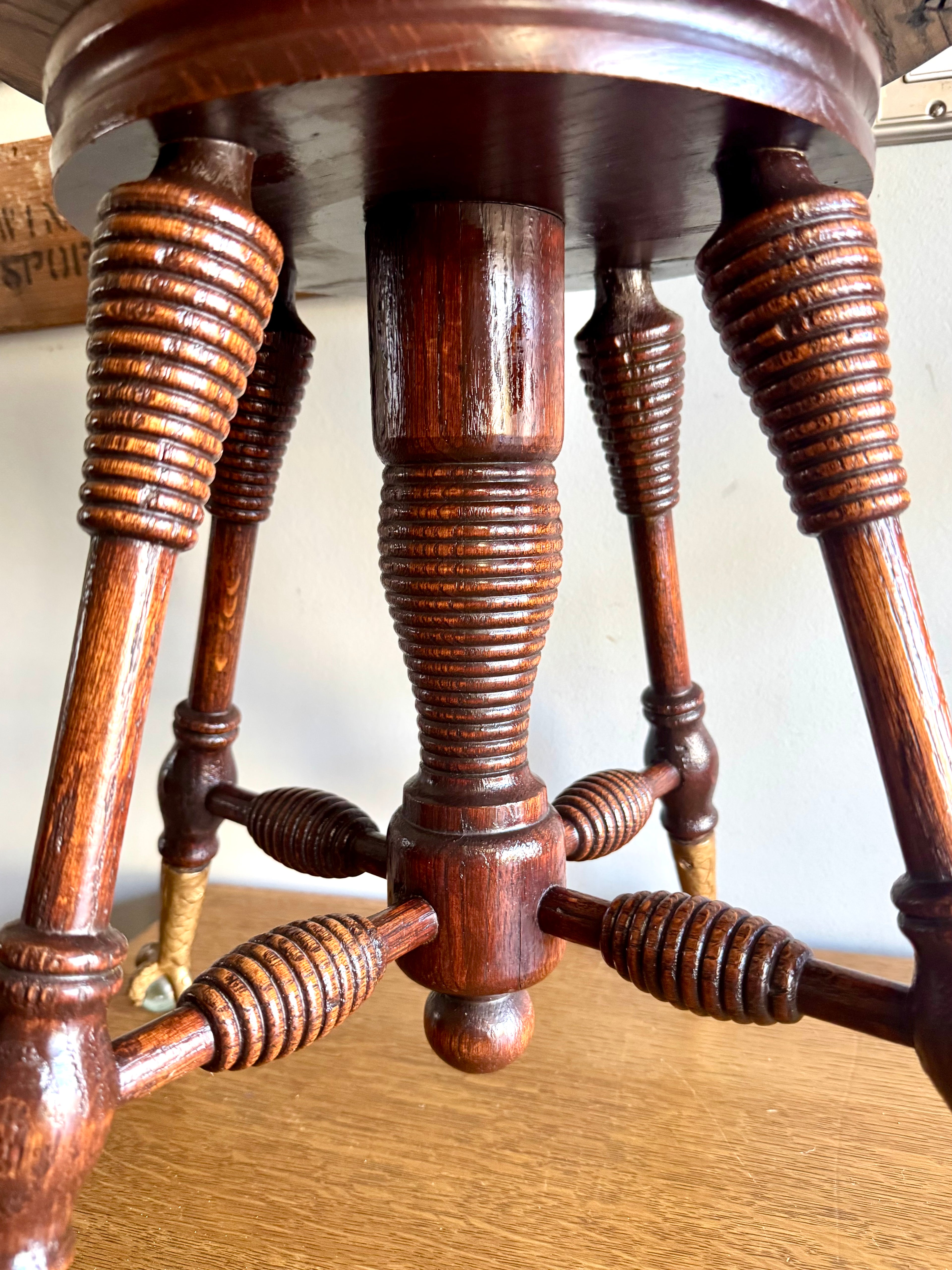 Antique Wooden Claw Foot  Piano Stool | Glass Ball Claw Foot Adjustable Piano Stool