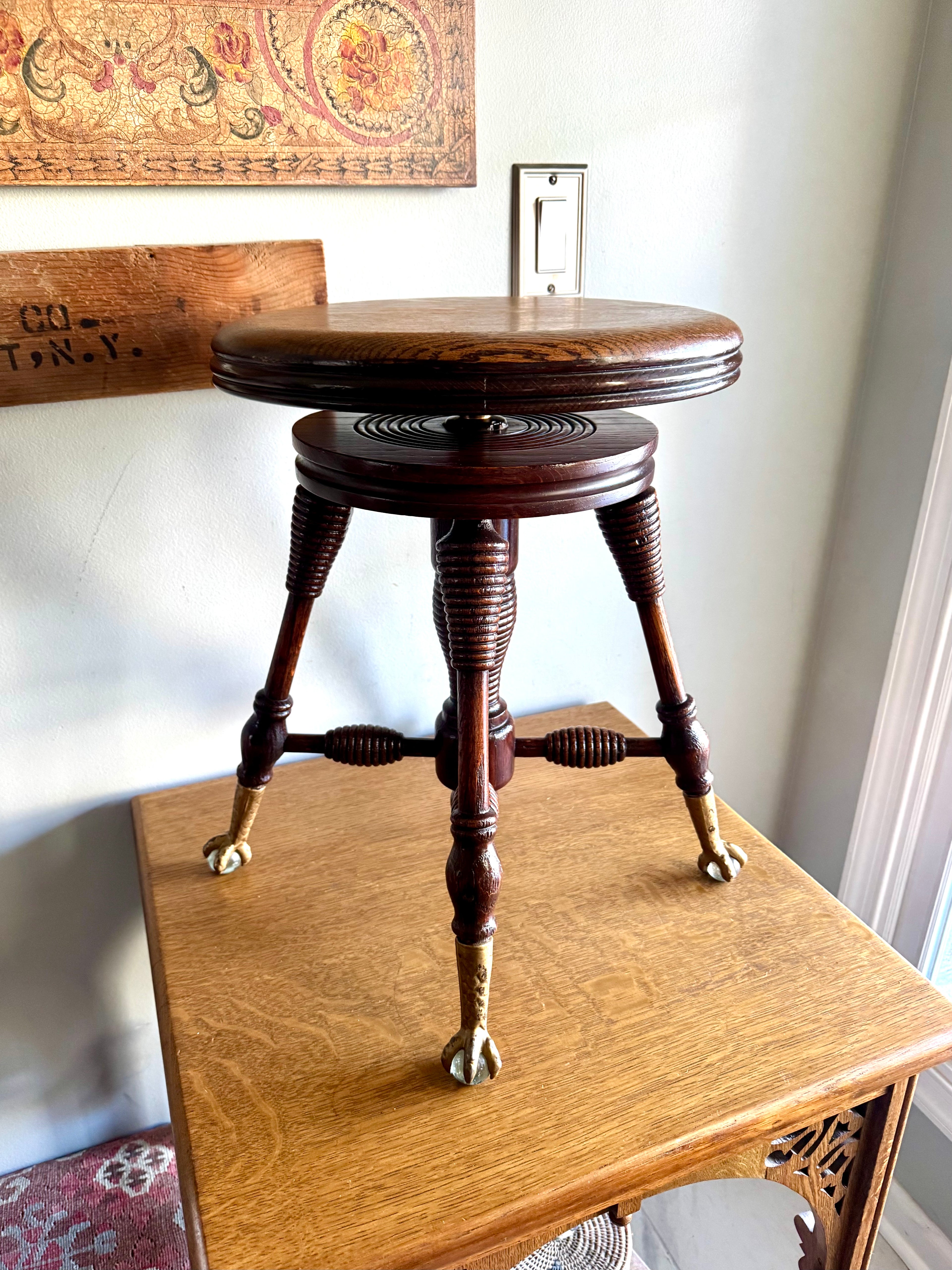 Antique Wooden Claw Foot  Piano Stool | Glass Ball Claw Foot Adjustable Piano Stool