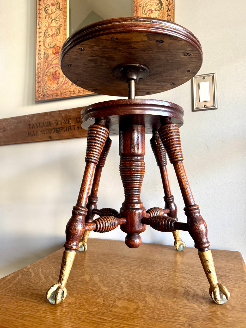 Antique Wooden Claw Foot  Piano Stool | Glass Ball Claw Foot Adjustable Piano Stool
