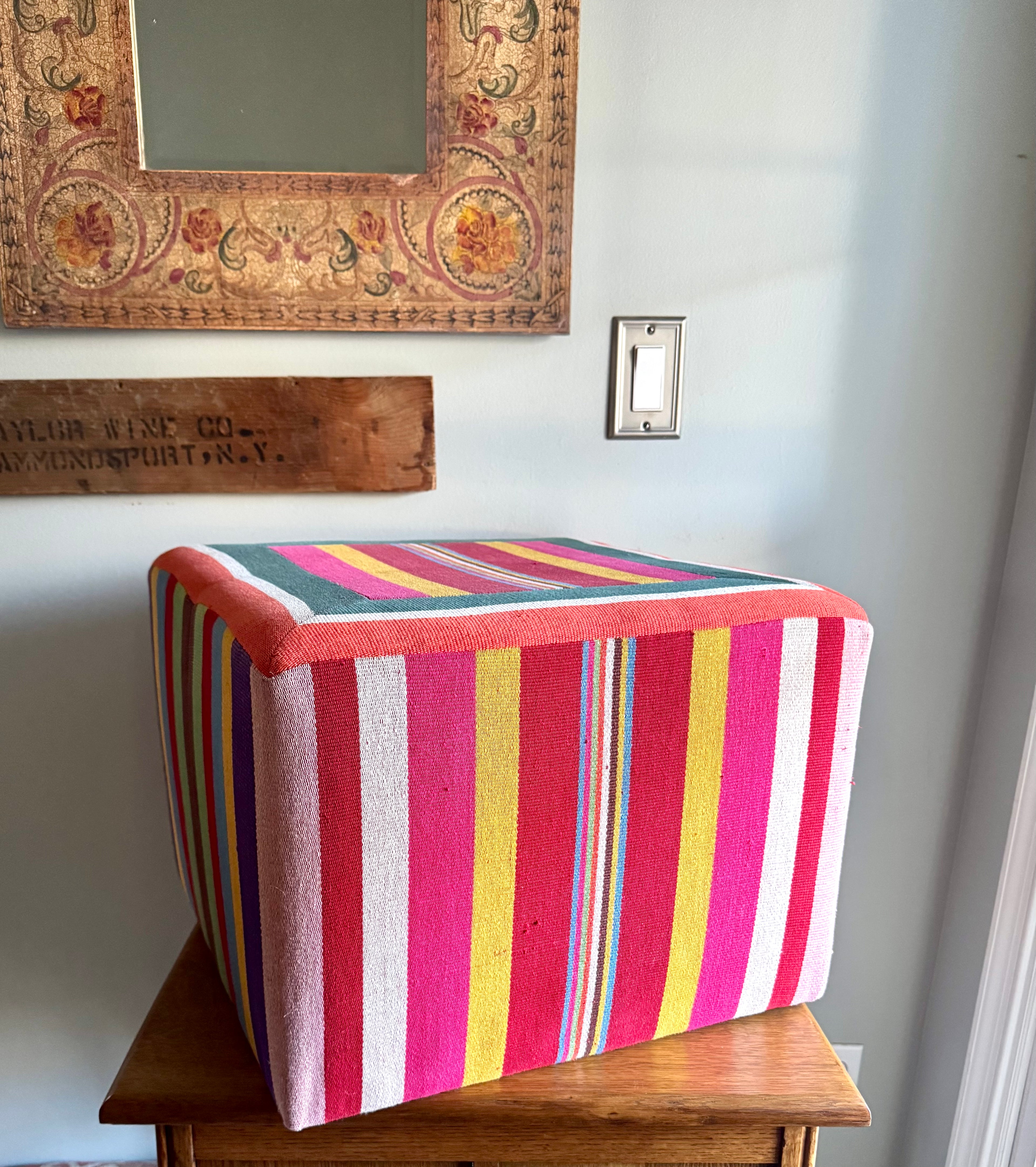 Vtg Colorful Striped Square Pouf | Striped Colorful Boho Ottoman