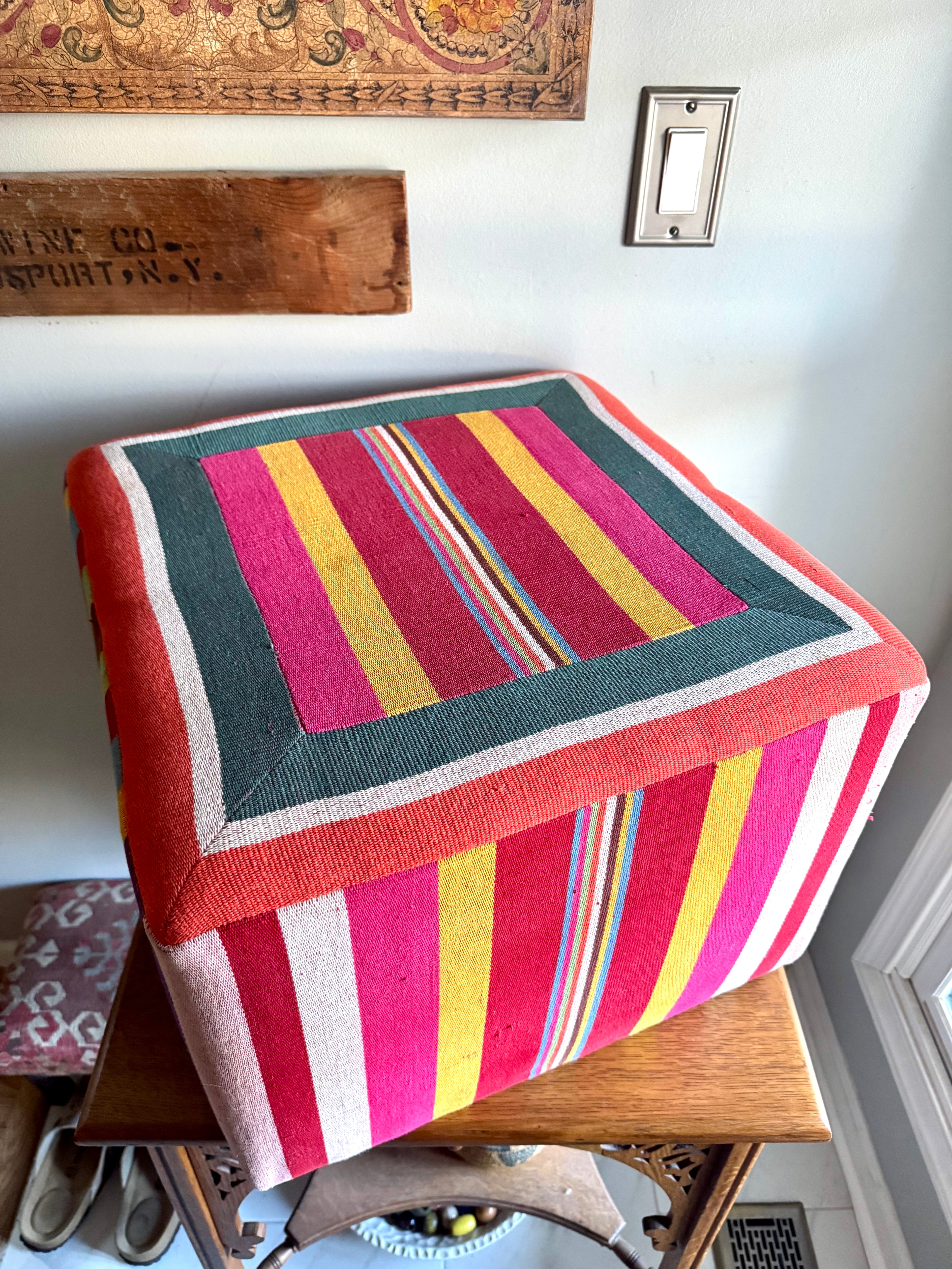 Vtg Colorful Striped Square Pouf | Striped Colorful Boho Ottoman