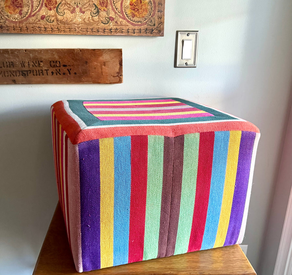 Vtg Colorful Striped Square Pouf | Striped Colorful Boho Ottoman