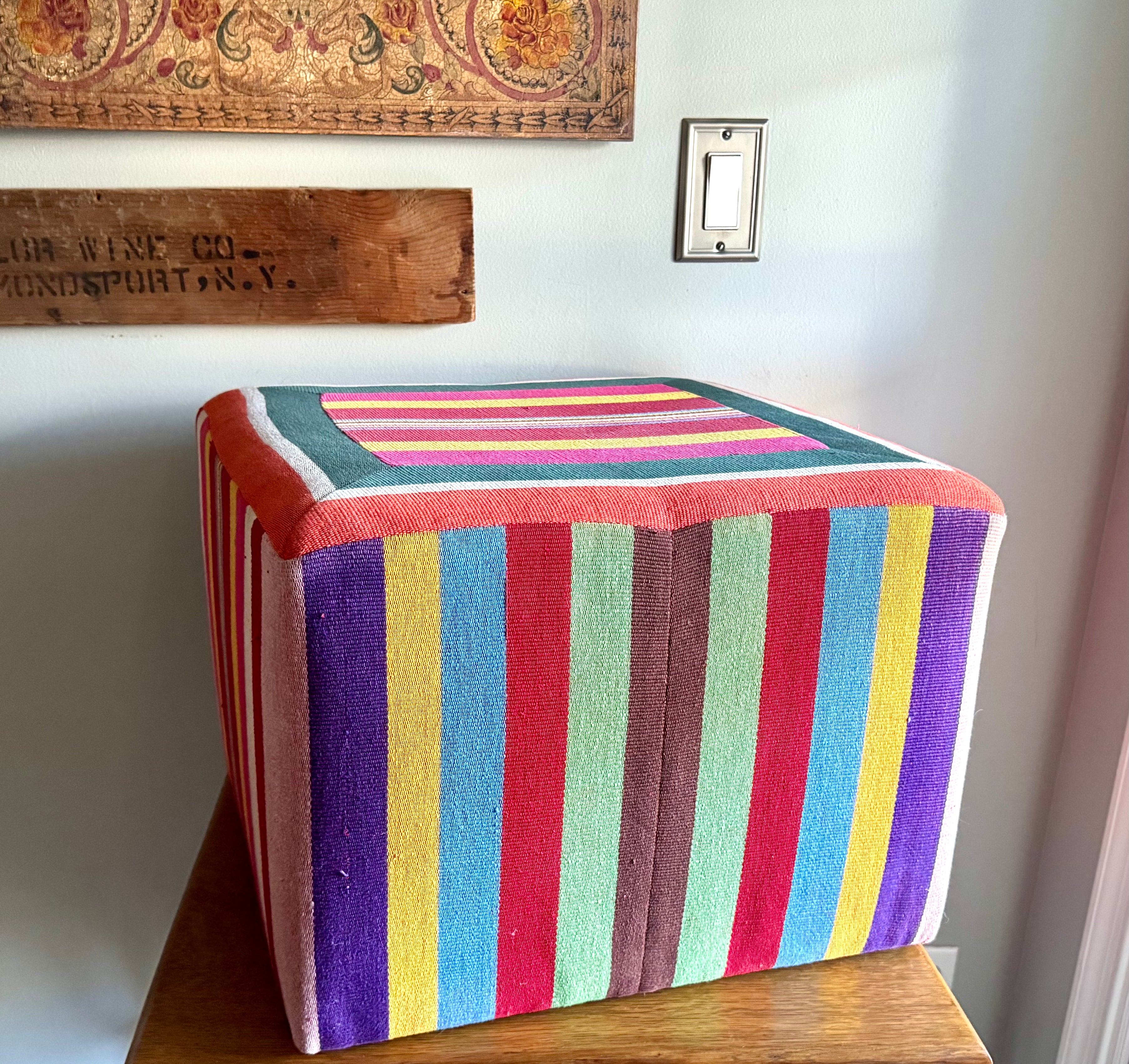 Vtg Colorful Striped Square Pouf | Striped Colorful Boho Ottoman