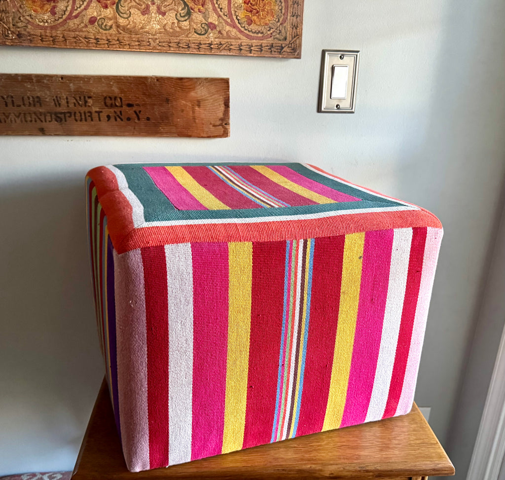 Vtg Colorful Striped Square Pouf | Striped Colorful Boho Ottoman