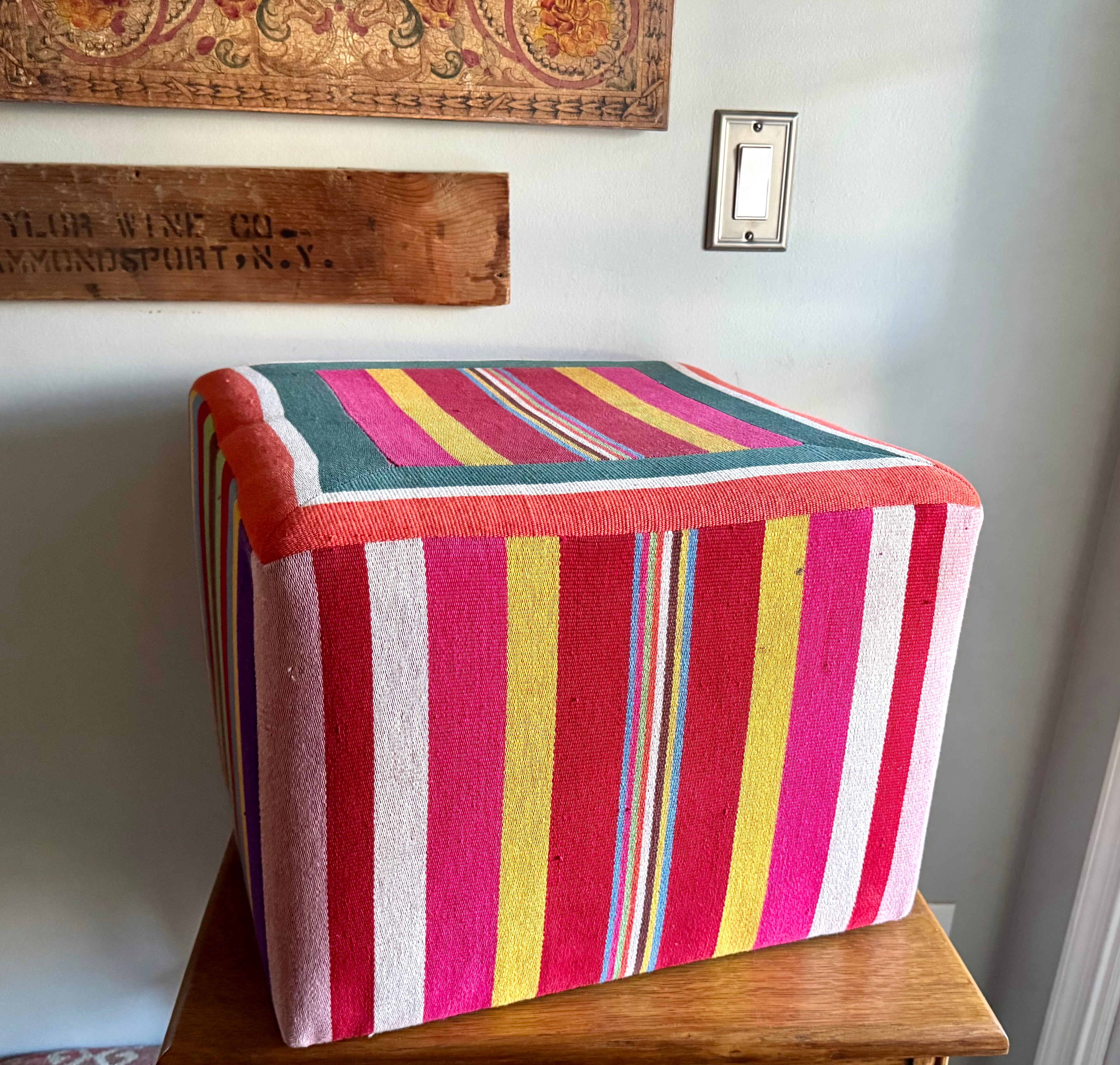 Vtg Colorful Striped Square Pouf | Striped Colorful Boho Ottoman
