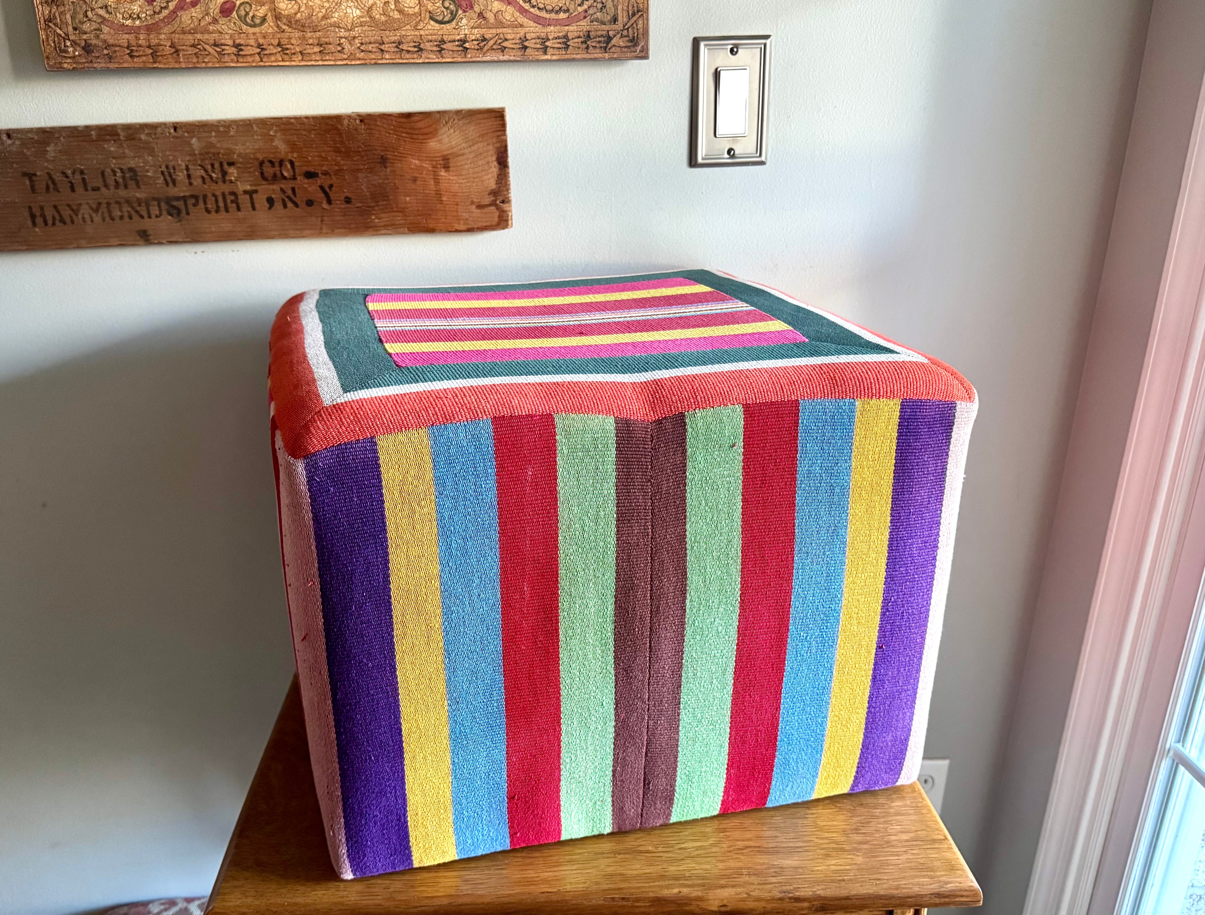 Vtg Colorful Striped Square Pouf | Striped Colorful Boho Ottoman