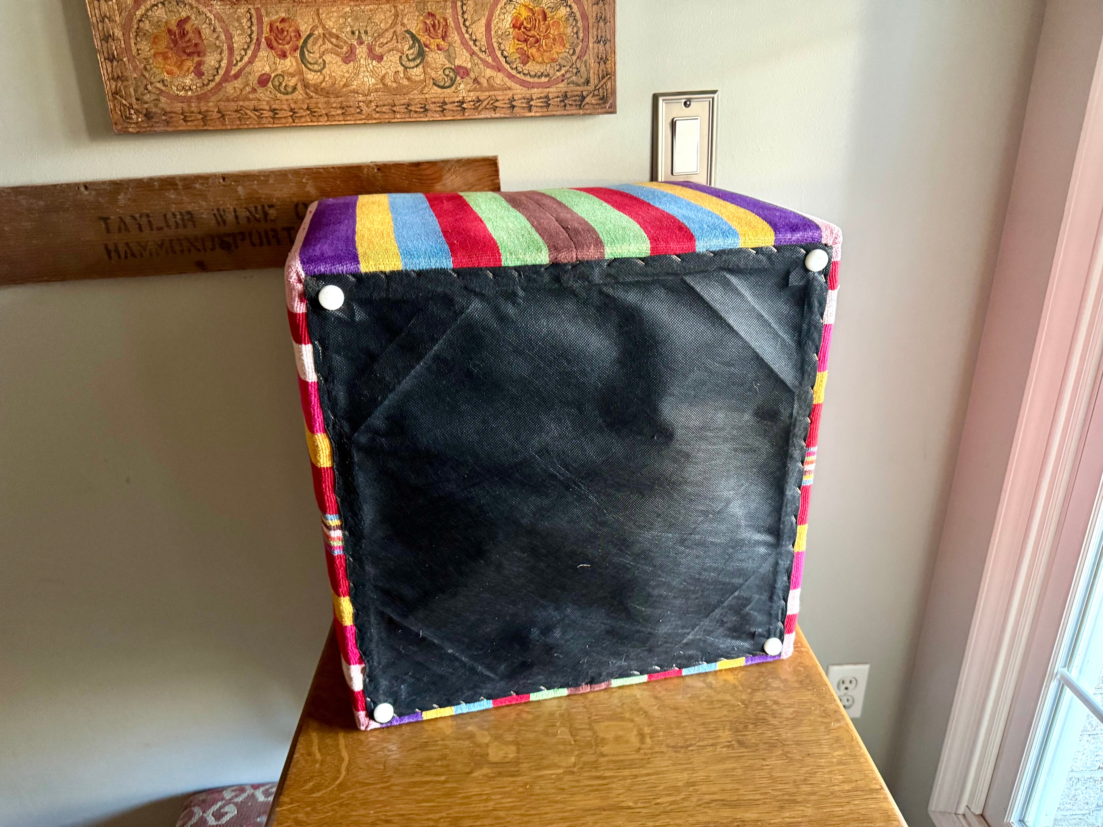 Vtg Colorful Striped Square Pouf | Striped Colorful Boho Ottoman