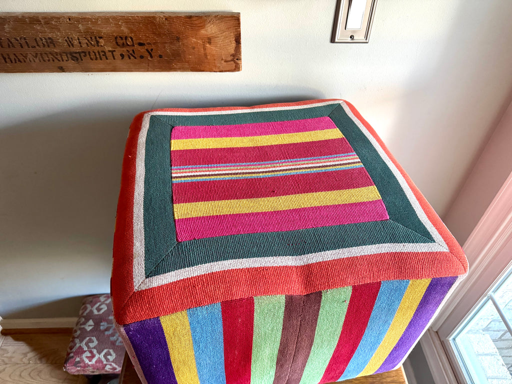 Vtg Colorful Striped Square Pouf | Striped Colorful Boho Ottoman