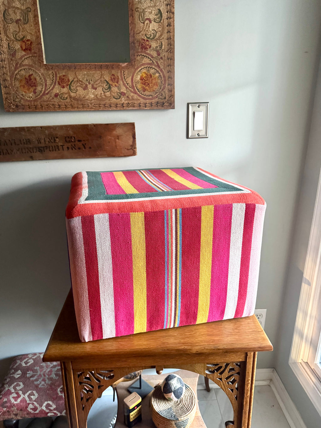 Vtg Colorful Striped Square Pouf | Striped Colorful Boho Ottoman