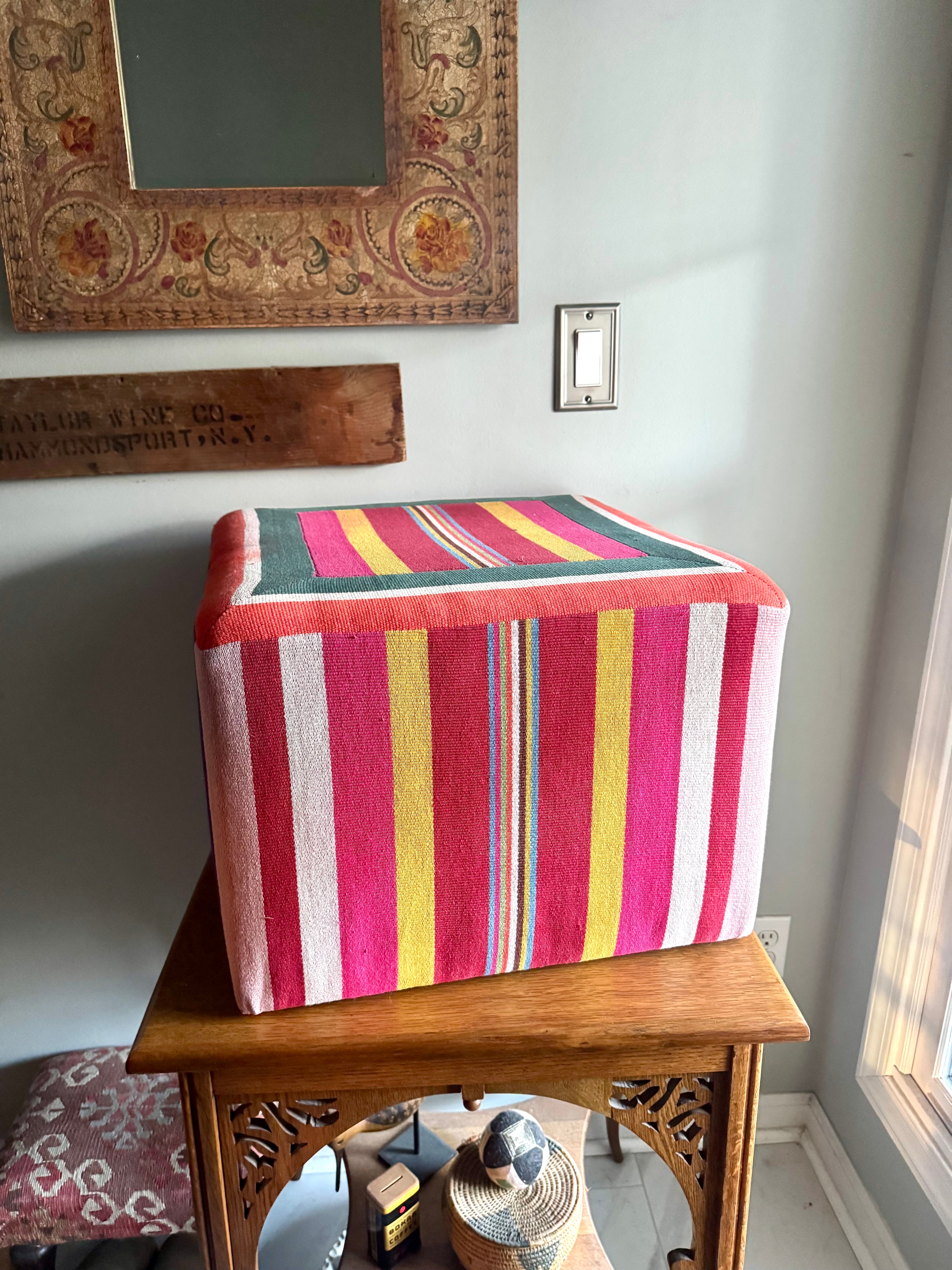 Vtg Colorful Striped Square Pouf | Striped Colorful Boho Ottoman
