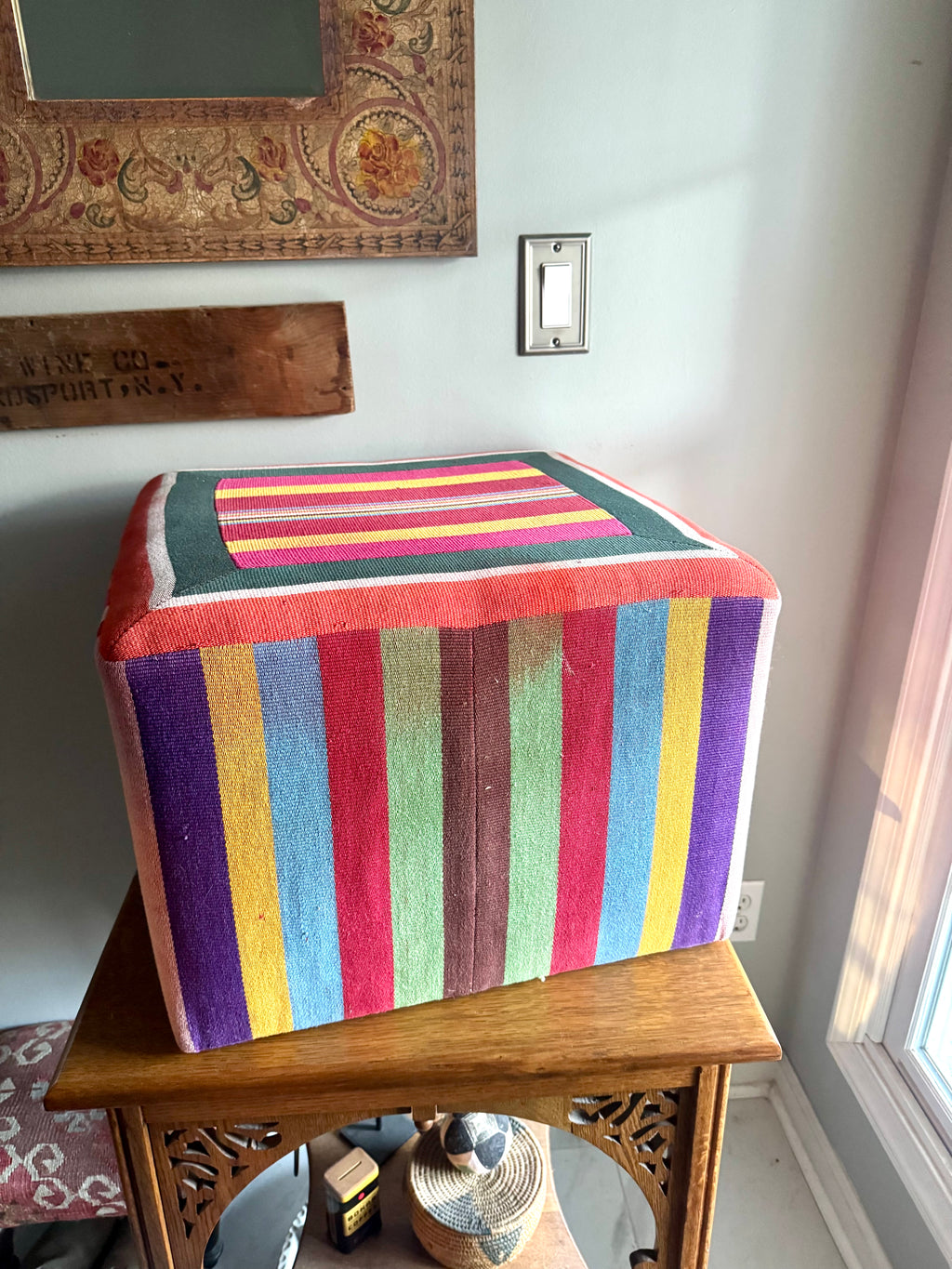Vtg Colorful Striped Square Pouf | Striped Colorful Boho Ottoman